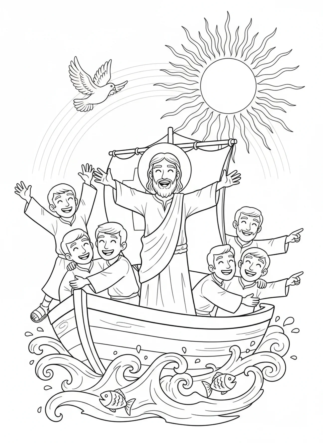 Jesus feiert mit seinen Jüngern, Jesus stillt den Sturm Ausmalbild für Kinder im Alter von 5-10 Jahren