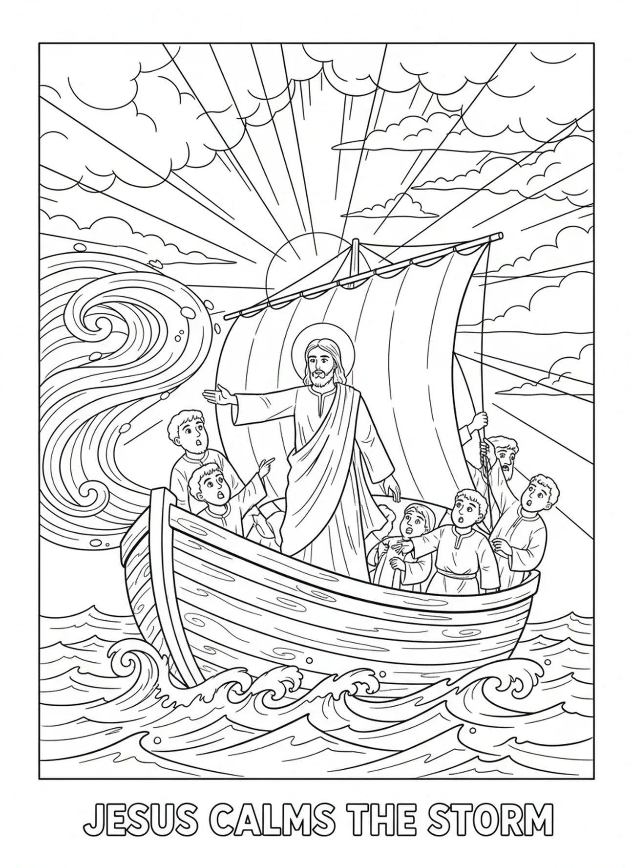Jesus befiehlt dem Wind, die Stürme zu beruhigen. Ausmalbild für Kinder im Alter von 5-10 Jahren.
