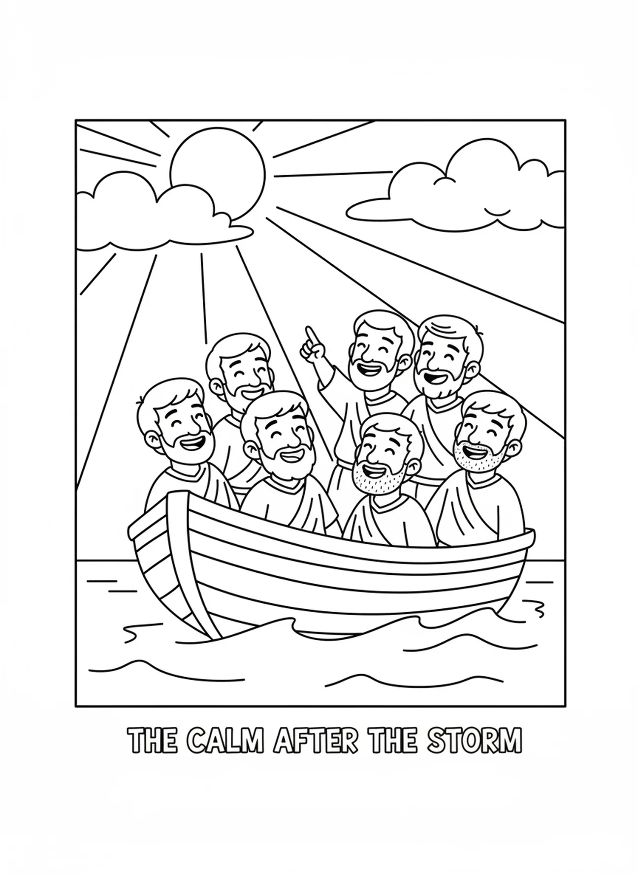 Bateau sur des eaux calmes après la tempête, page à colorier Jésus endormi dans le bateau pour les enfants de 5 à 10 ans