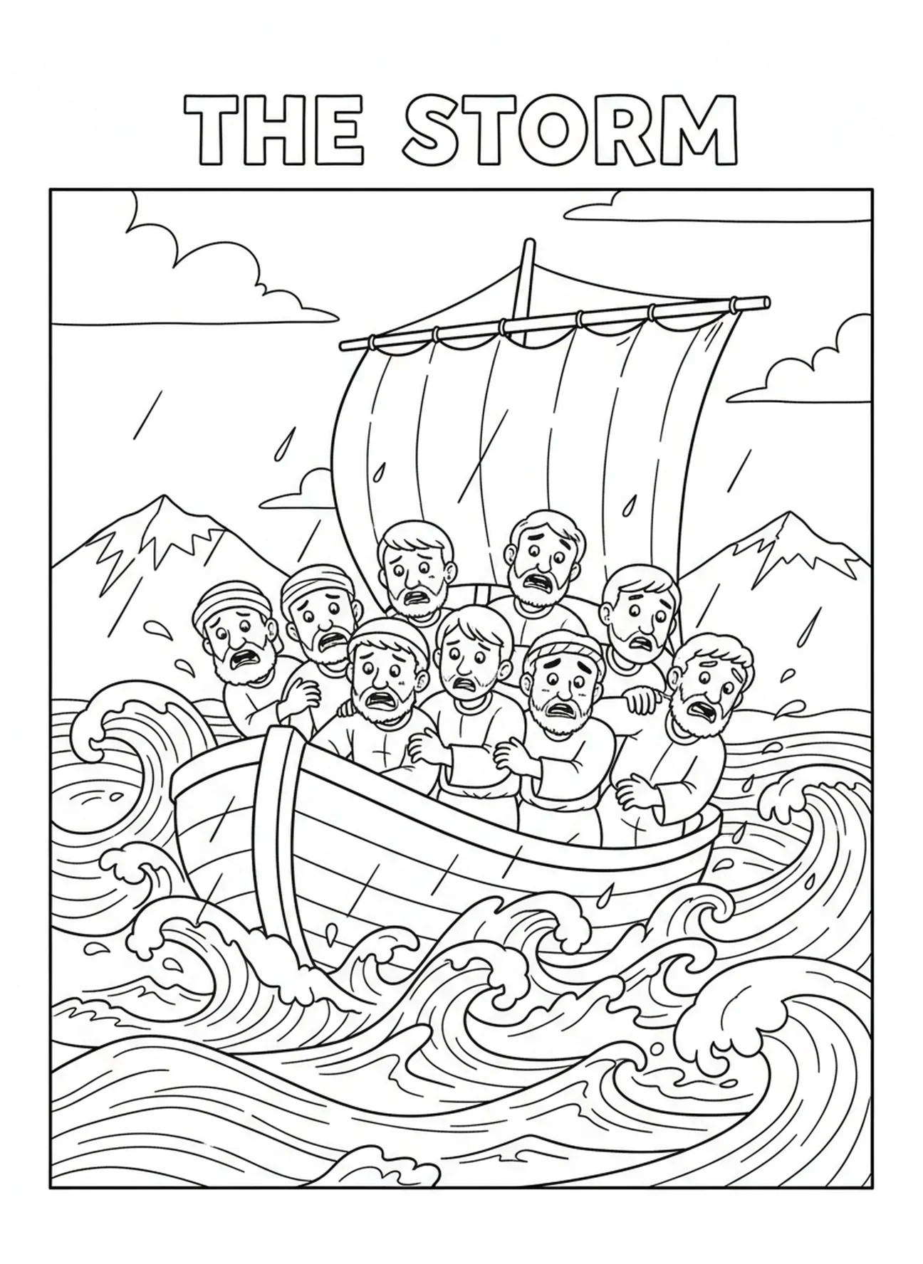 Disciples priant dans le bateau, Jésus endormi dans le bateau, page à colorier pour les enfants de 5 à 10 ans