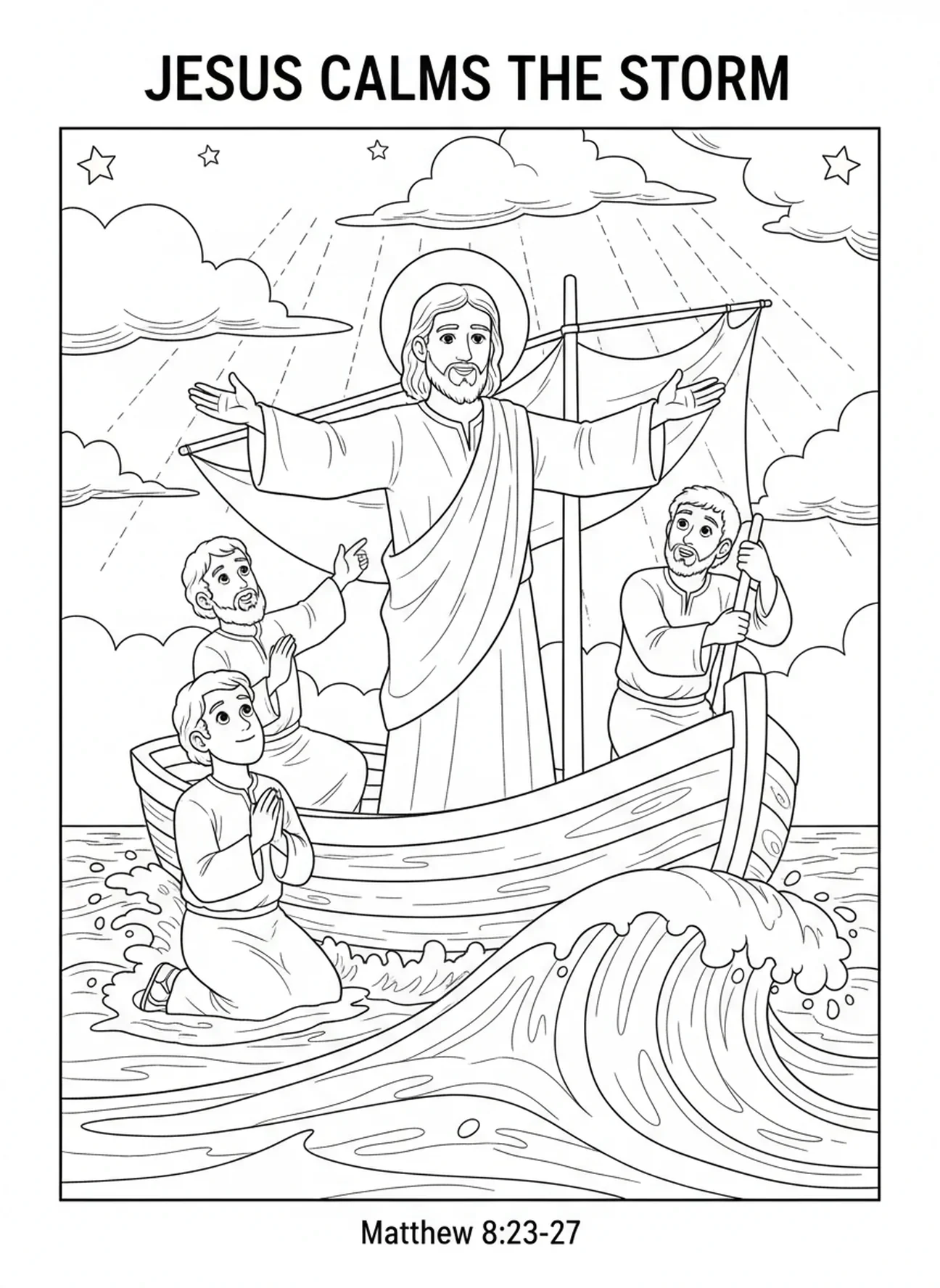 Jésus apaisant la tempête dans le bateau, page à colorier Jésus dormant dans le bateau pour les enfants de 5 à 10 ans
