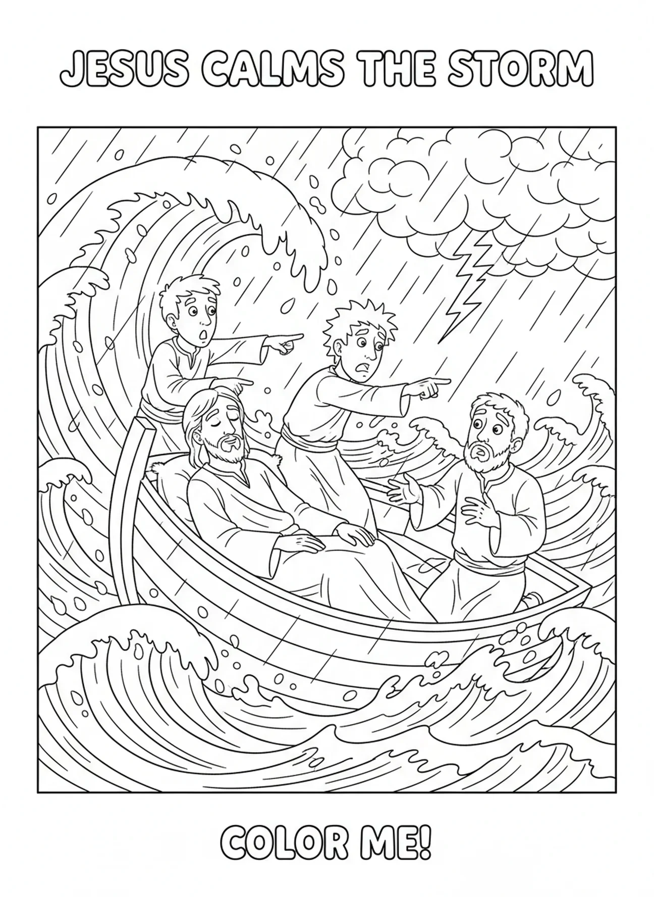 Jésus se réveillant dans la tempête, Calmement La Tempête Jésus Dormant Dans Le Bateau page à colorier pour les enfants de 5 à 10 ans
