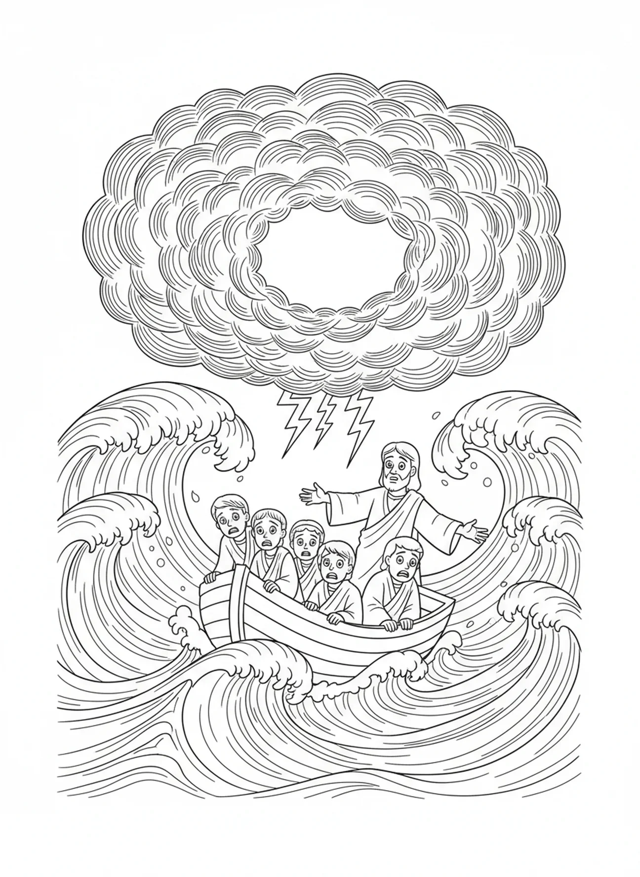 Bateau luttant dans des mers tempétueuses, Jésus apaisant la tempête en train de dormir dans le bateau page à colorier pour les enfants de 5 à 10 ans