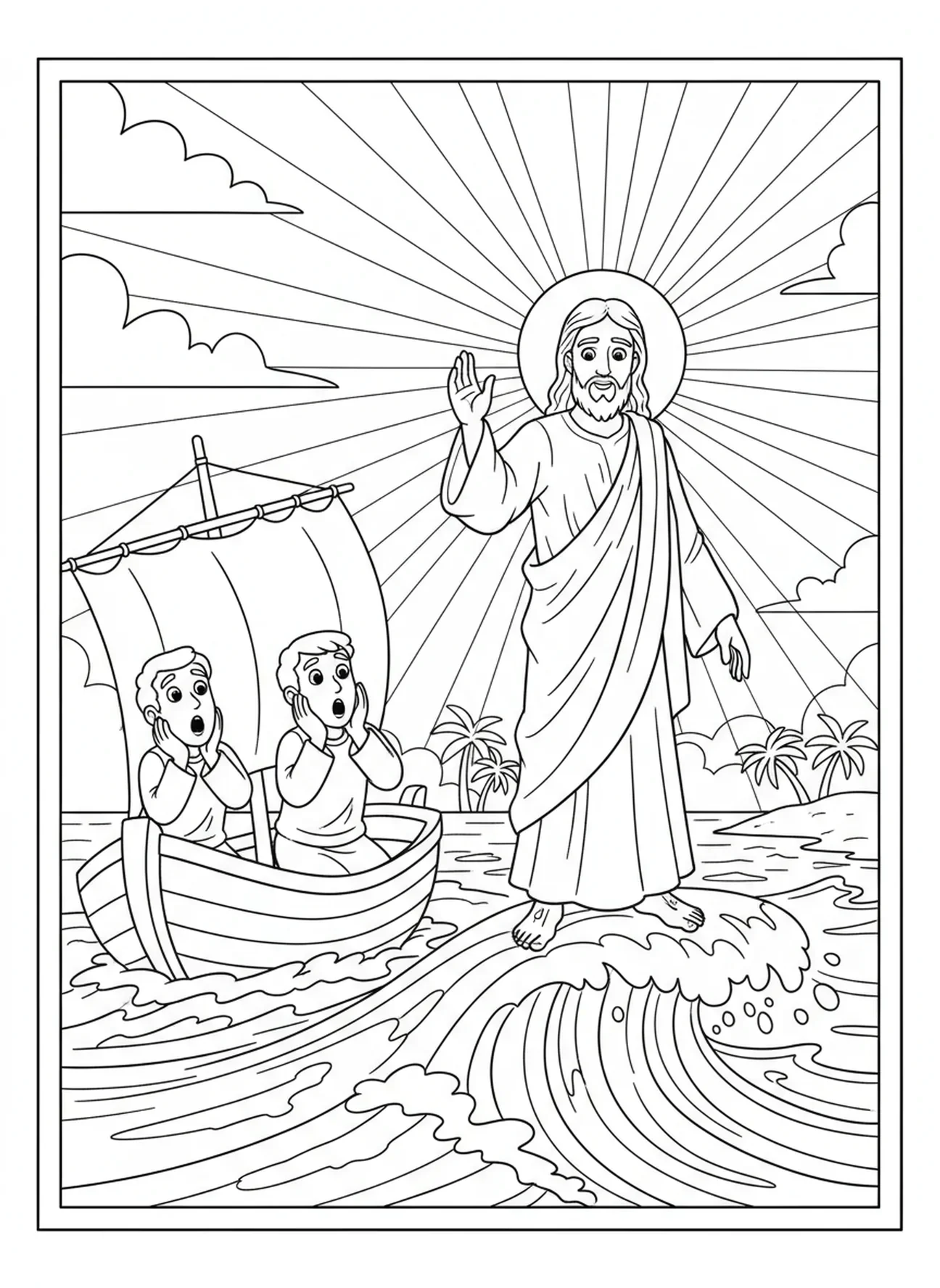 Jesus acalmando a tempestade com a mão levantada, página de colorir Acalmando a Tempestade para crianças de 5 a 10 anos