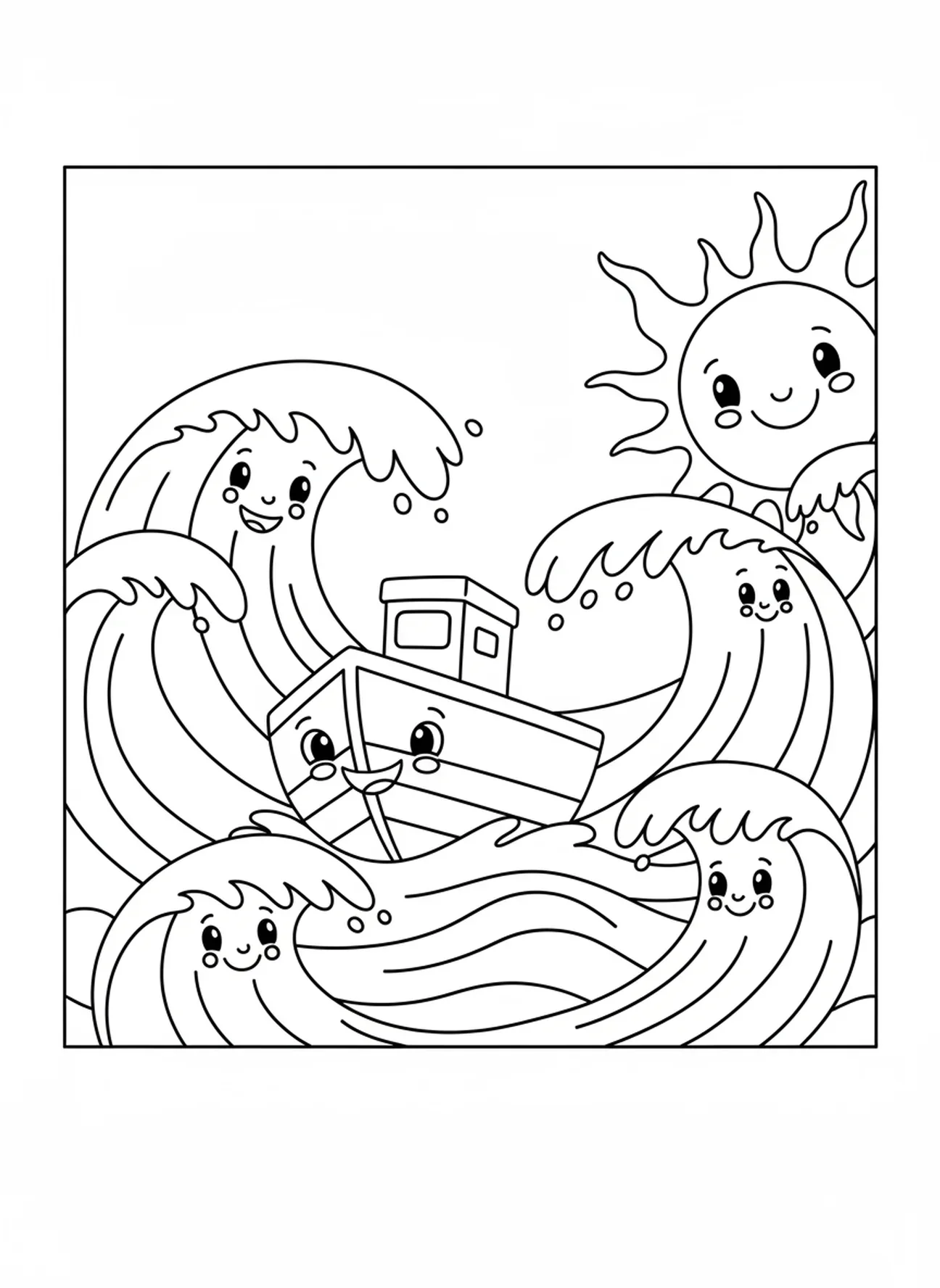 Grandes ondas de desenho animado, página de colorir Acalmando a Tempestade para crianças de 3 a 5 anos