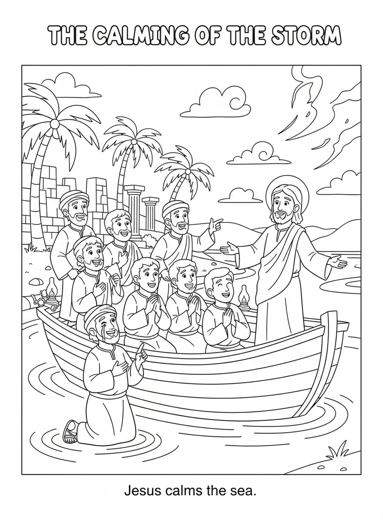 Discipulos maravilhados, página de colorir Acalmando a Tempestade para crianças da Escola Dominical de 5 a 12 anos