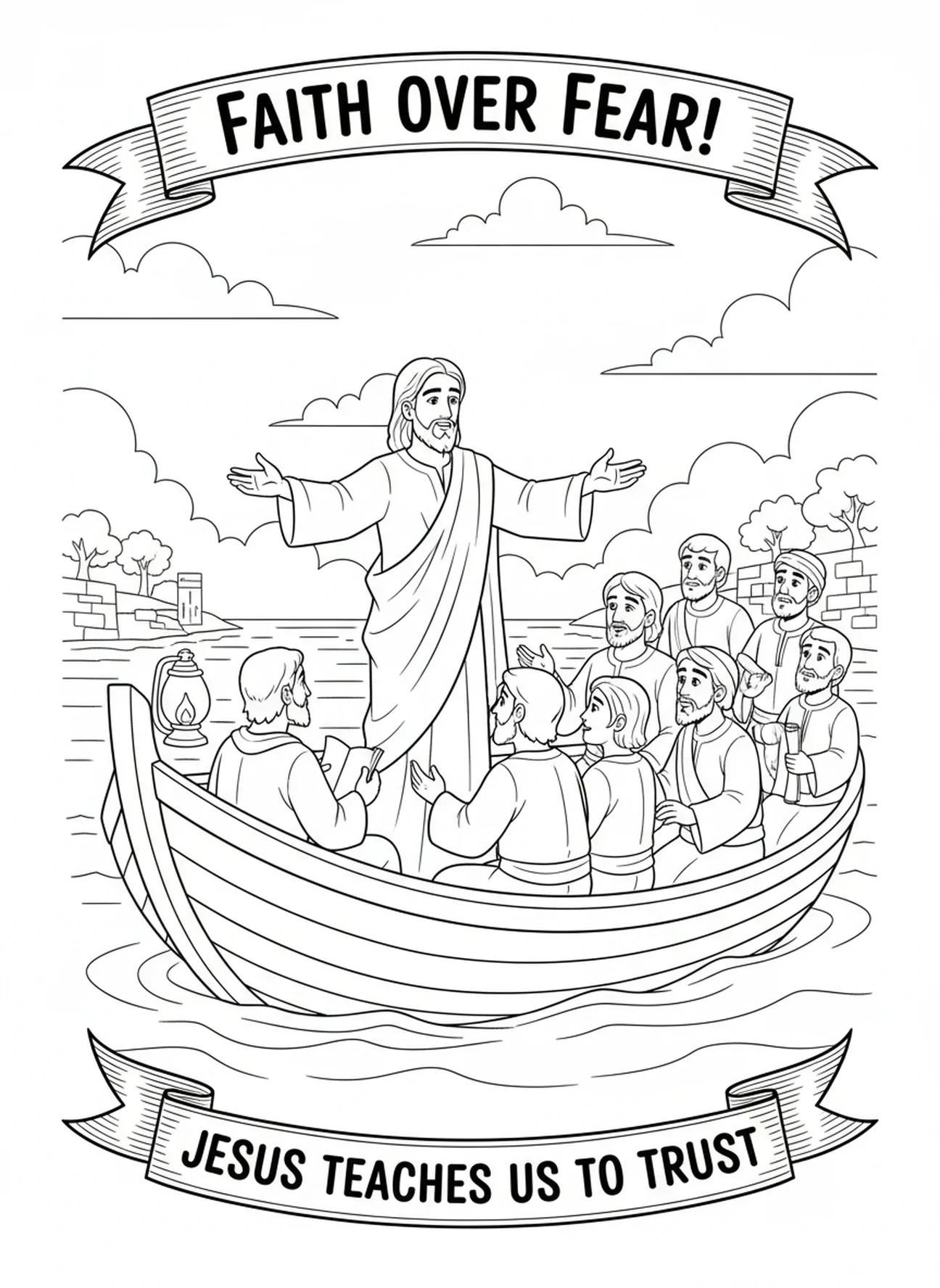 Jesus ensinando os discípulos, página de colorir Acalmando a Tempestade para crianças da Escola Dominical de 5 a 12 anos
