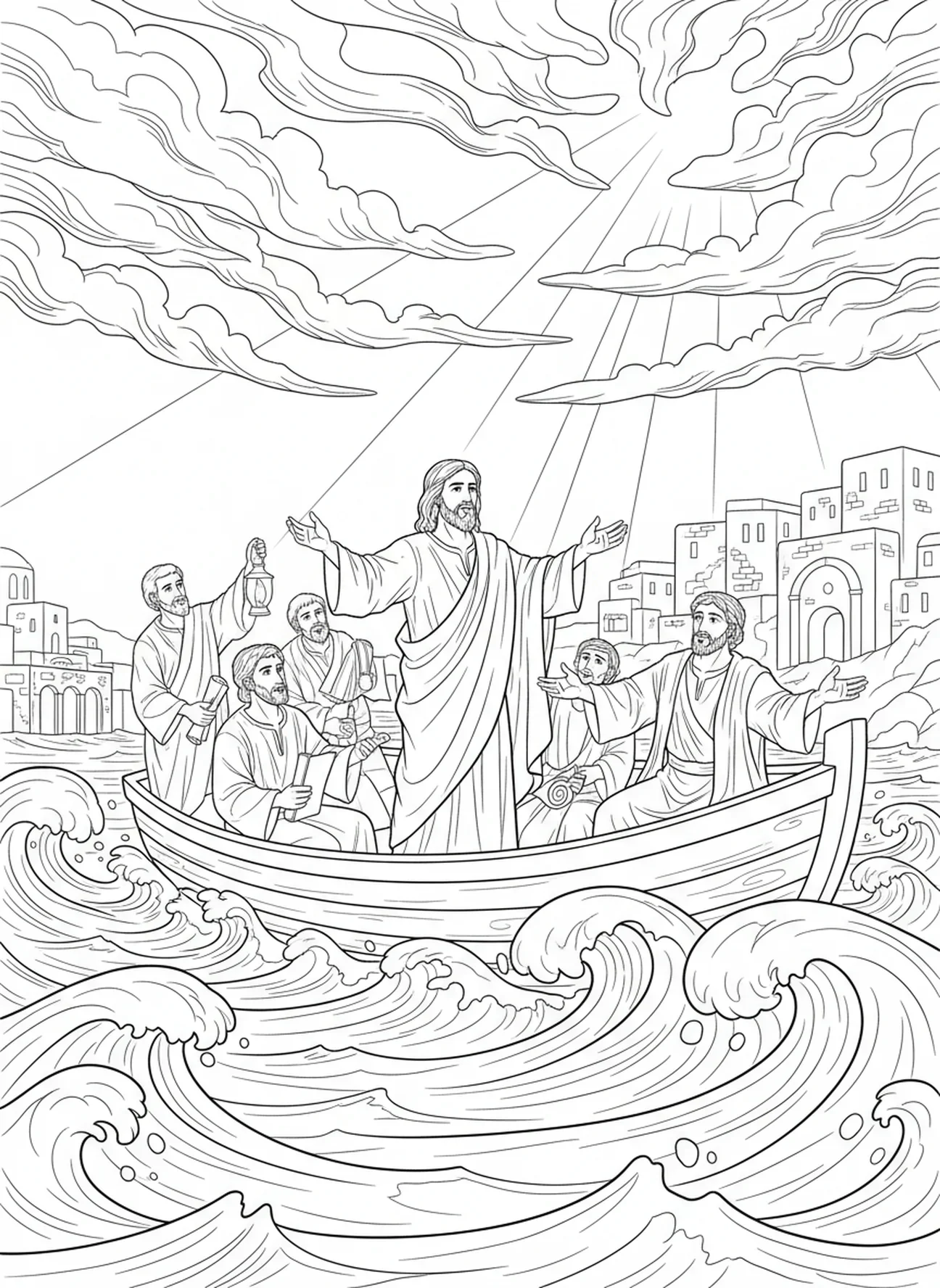 Jesus acalmando a tempestade, página de colorir Acalmando a Tempestade para crianças da Escola Dominical de 5 a 12 anos