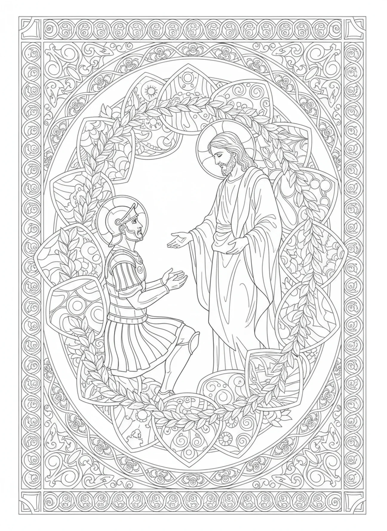 Centurion suppliant devant Jésus, page à colorier sur la foi du centurion pour adultes dans un style de journal biblique