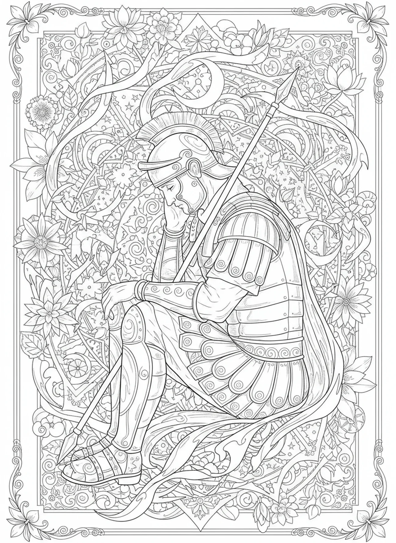 Centurion réfléchissant sur sa foi, page à colorier Centurion Foi pour adultes dans un style de journal biblique