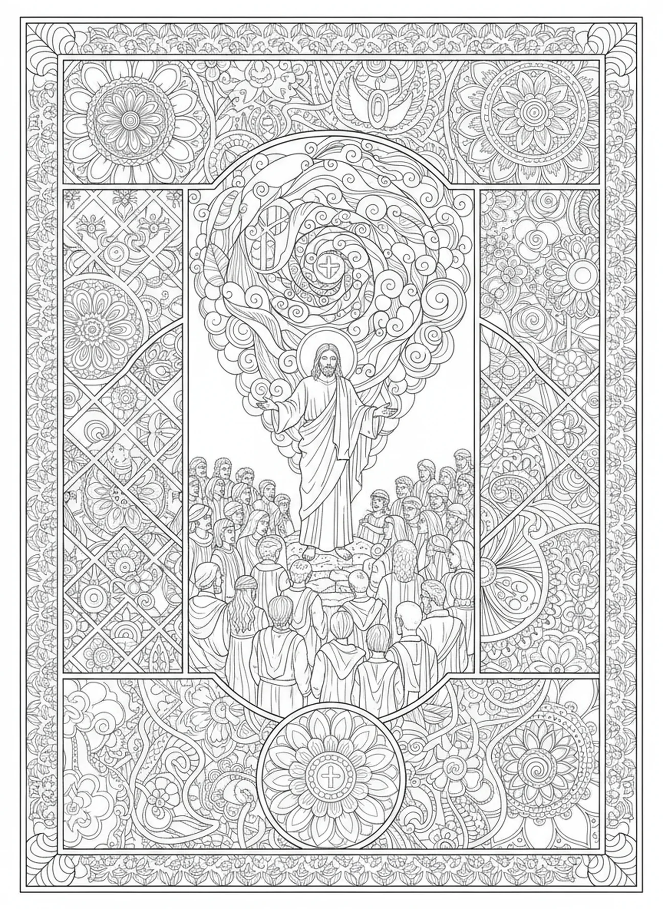 Jésus parlant à la foule, page à colorier sur la foi du centurion pour adultes dans un style de journal biblique