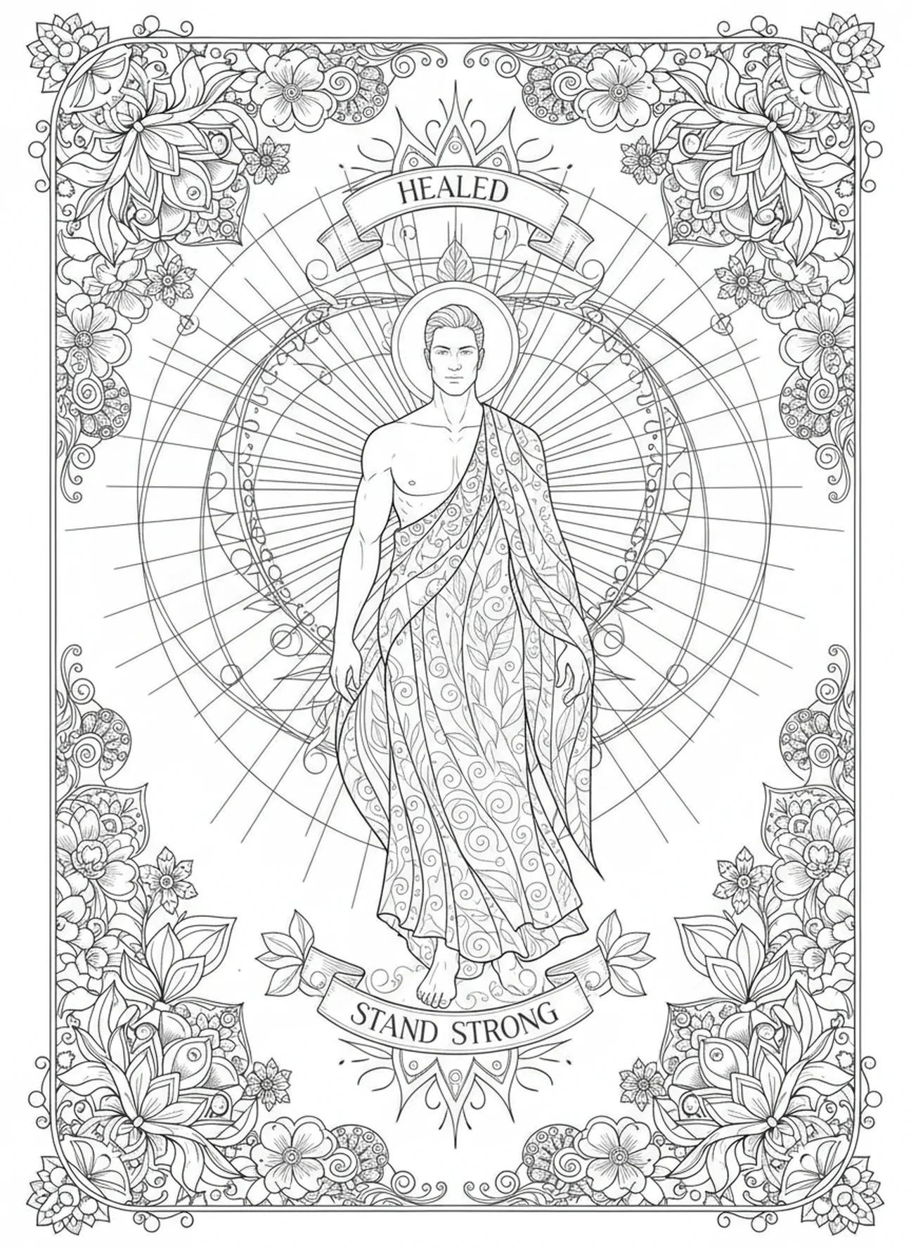 Serviteur guéri debout et fort, page à colorier de la foi du centurion pour le style de journal biblique pour adultes