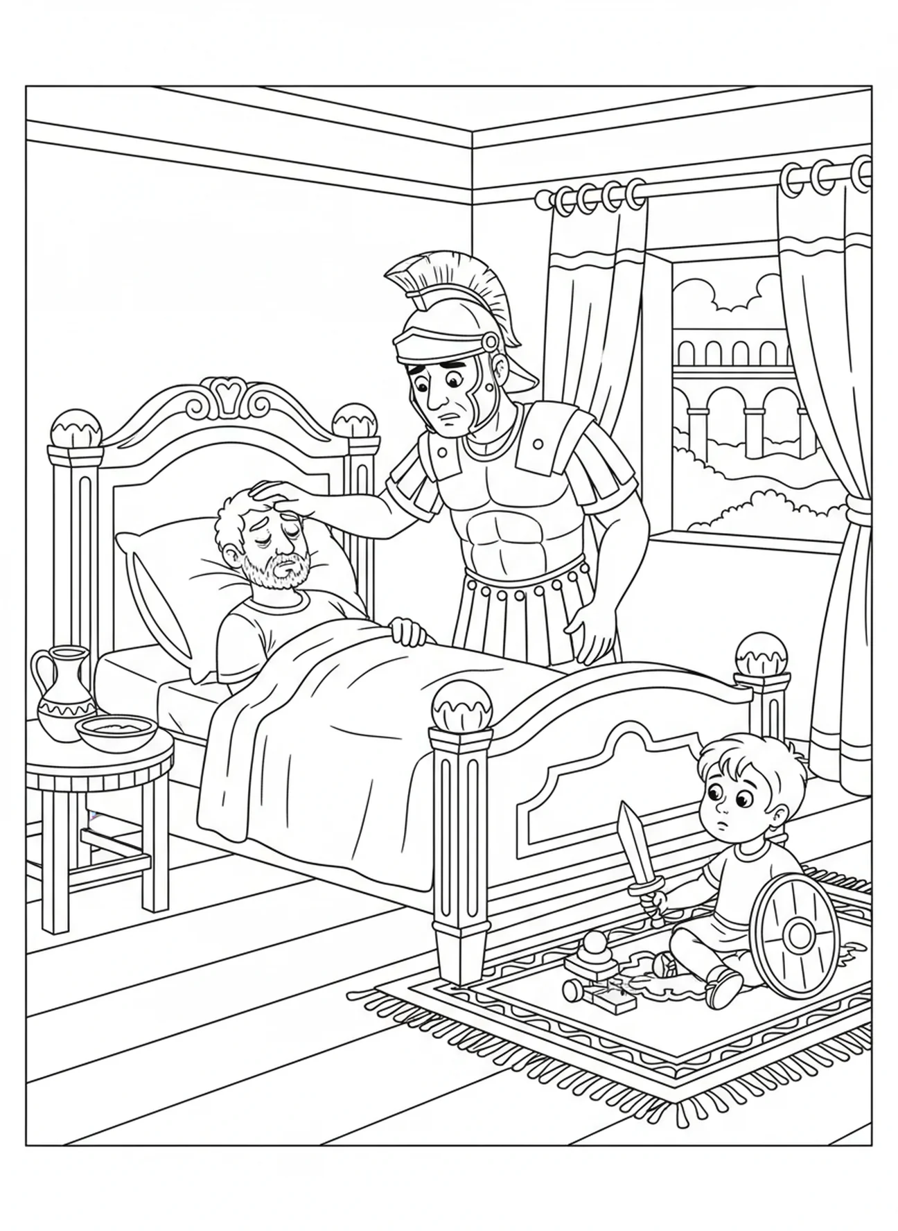 Centurião em casa, página de colorir sobre a fé do centurião para crianças de 5 a 10 anos.