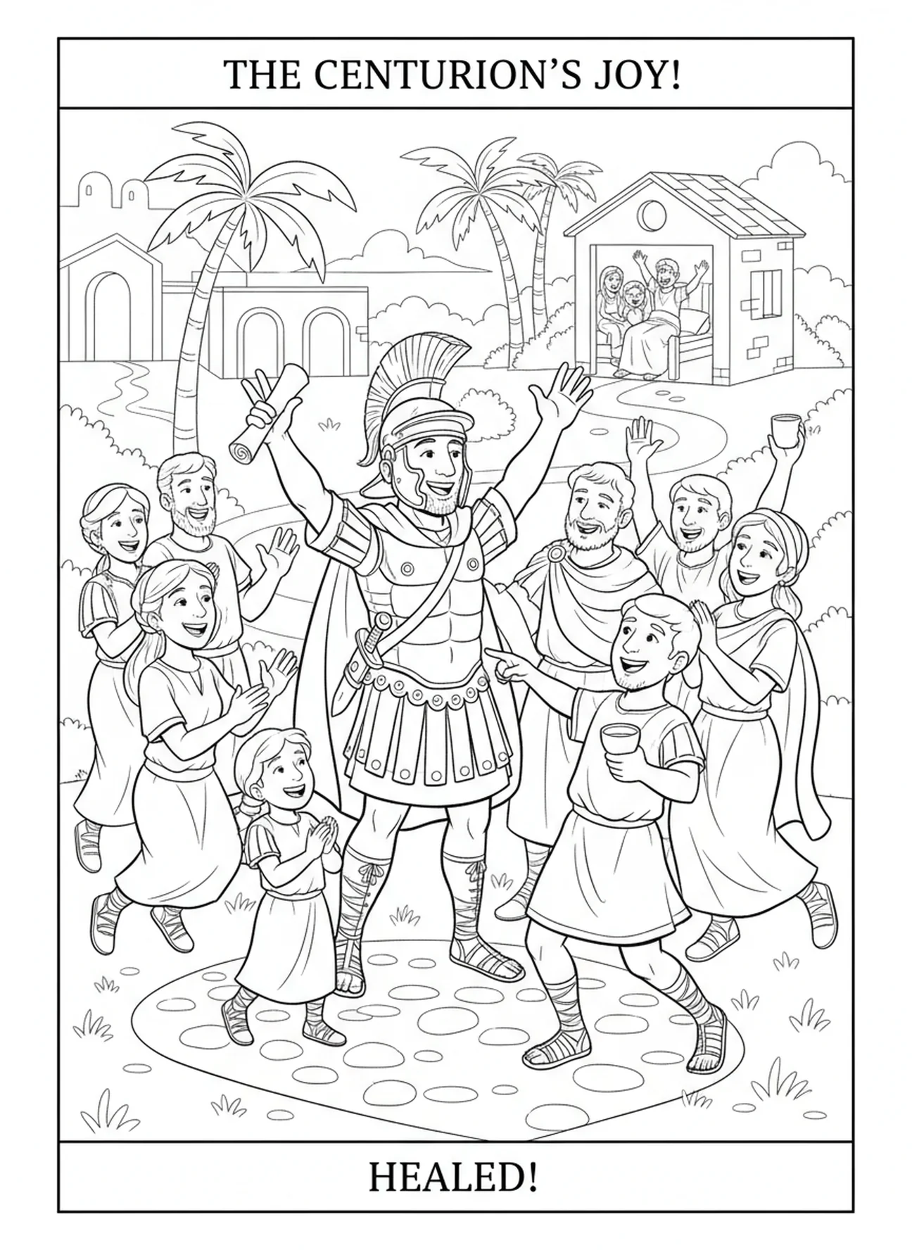 Centurião comemorando a notícia, página de colorir sobre a fé do centurião para crianças de 5 a 10 anos.