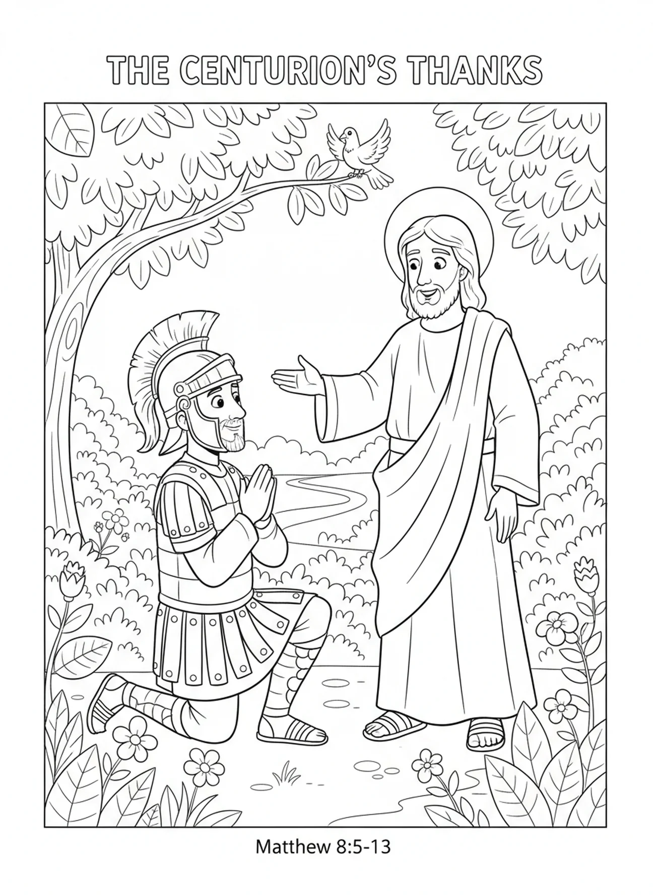 Centurião agradecendo a Jesus, página para colorir sobre a fé do centurião para crianças de 5 a 10 anos.