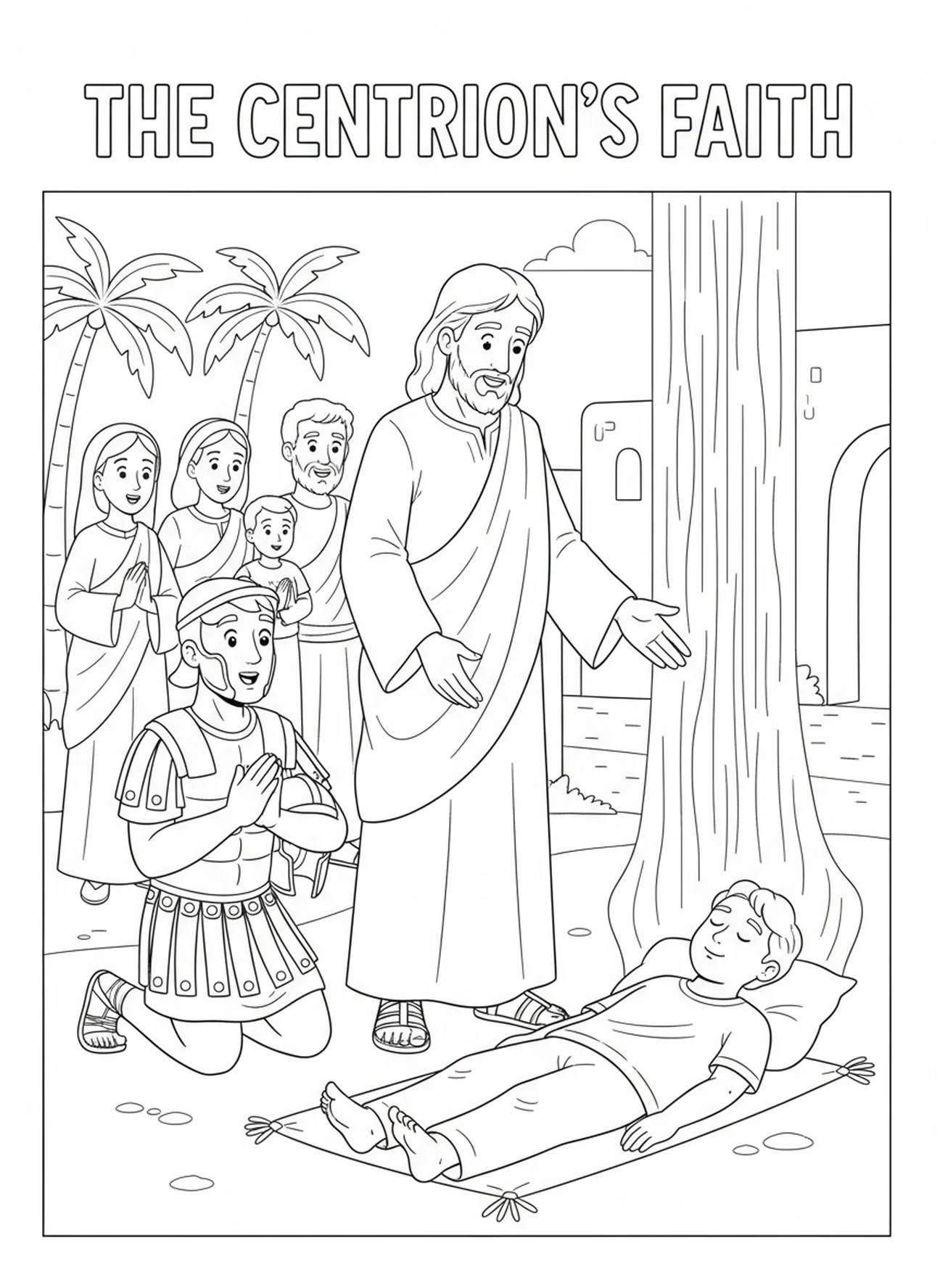 Jesus curando o servo, página de colorir da fé do centurião para crianças de 5 a 10 anos.