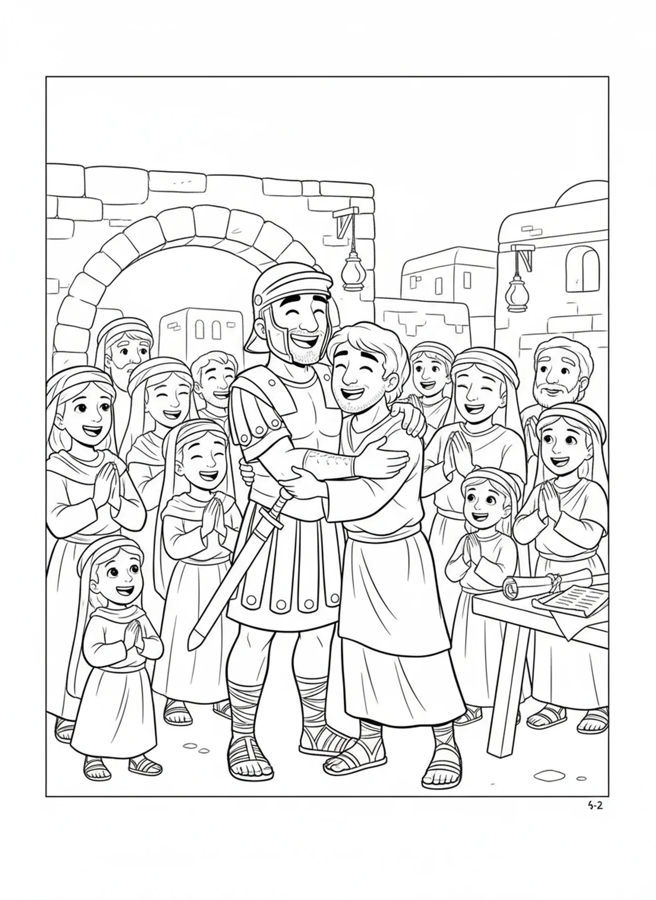 Centurión celebrando la sanación, página para colorear de la fe del centurión para niños de Escuela Dominical de 5 a 12 años.