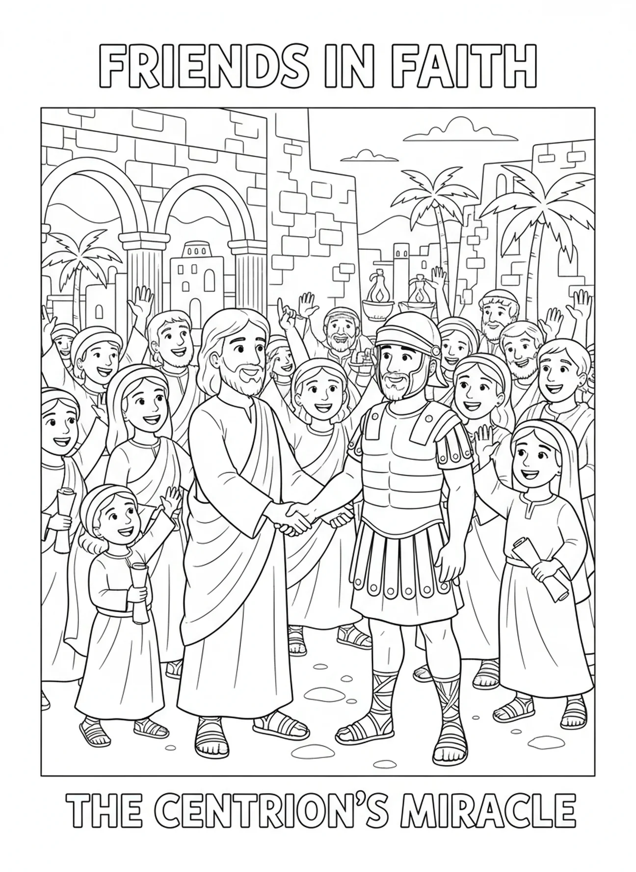 Centurión y Jesús amistad, página para colorear de la fe del centurión para niños de Escuela Dominical de 5 a 12 años.