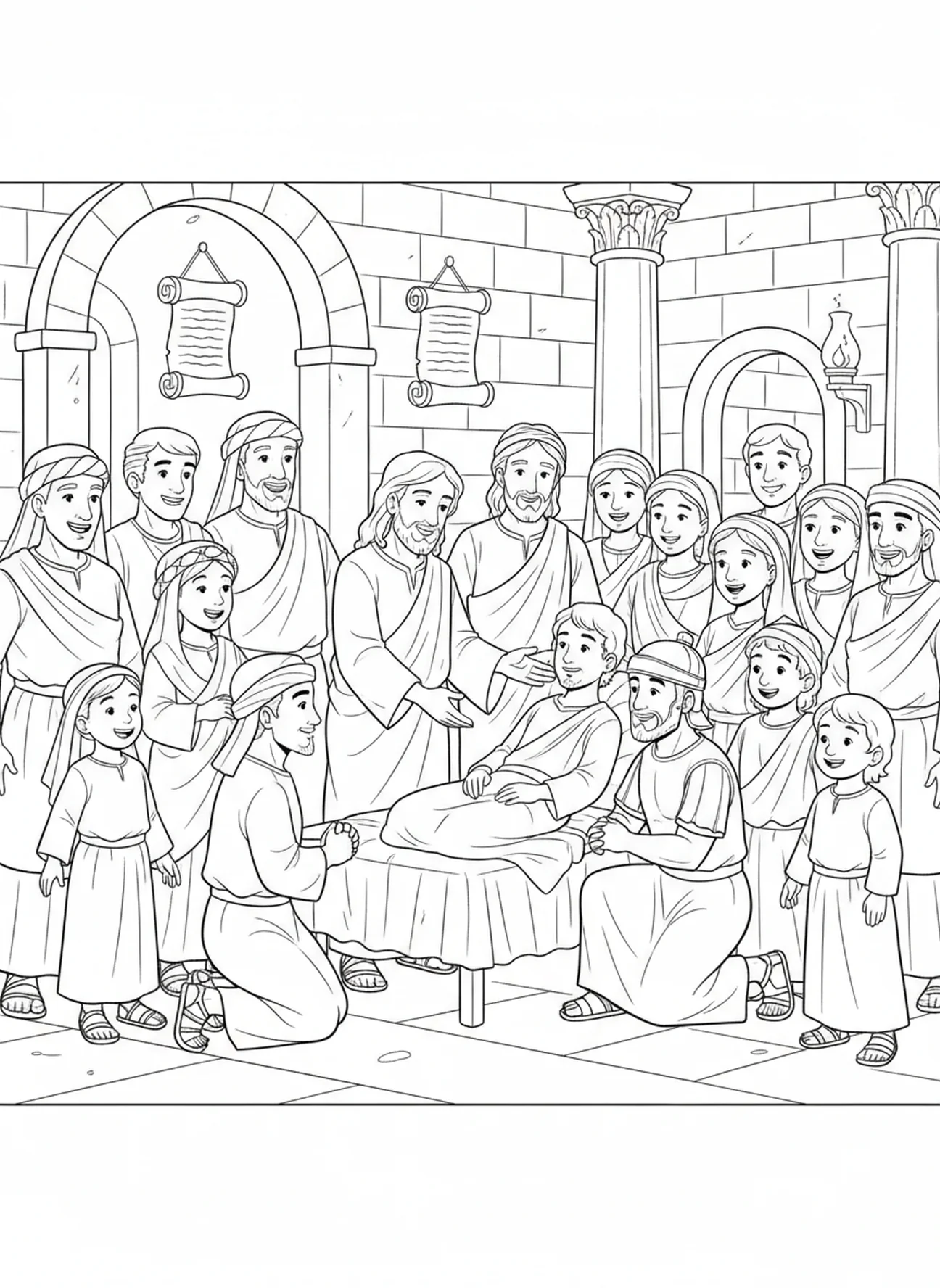 Multitud presenciando el milagro, página para colorear sobre la fe del centurión para niños de Escuela Dominical de 5 a 12 años.