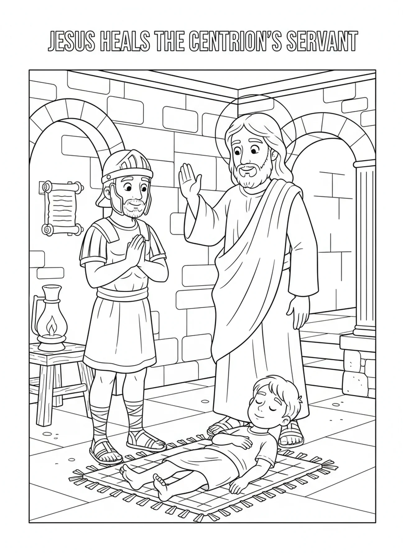 Jesús sanando al siervo, página para colorear de la fe del centurión para niños de la Escuela Dominical de 5 a 12 años.