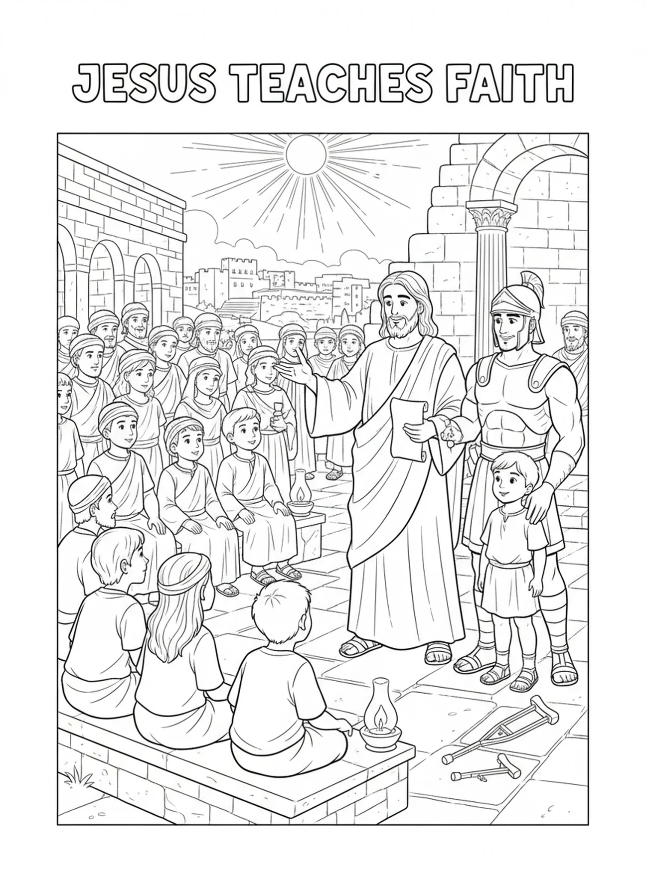 Jesús enseñando a la multitud, página para colorear de la fe del centurión para niños de la Escuela Dominical de 5 a 12 años.