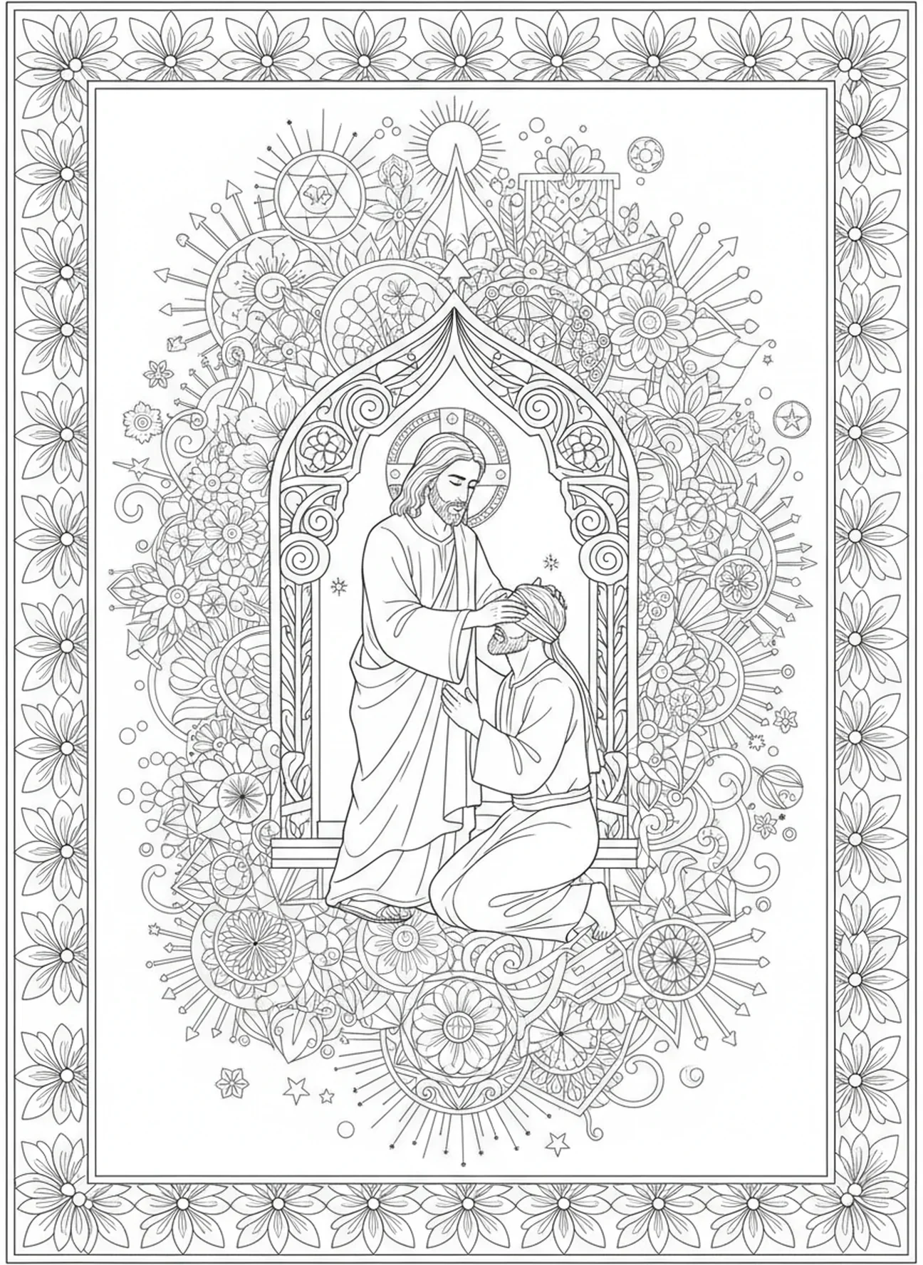 Jezus uzdrawiający niewidomego, kolorowanka do oczyszczania świątyni w stylu dziennika biblijnego dla dorosłych
