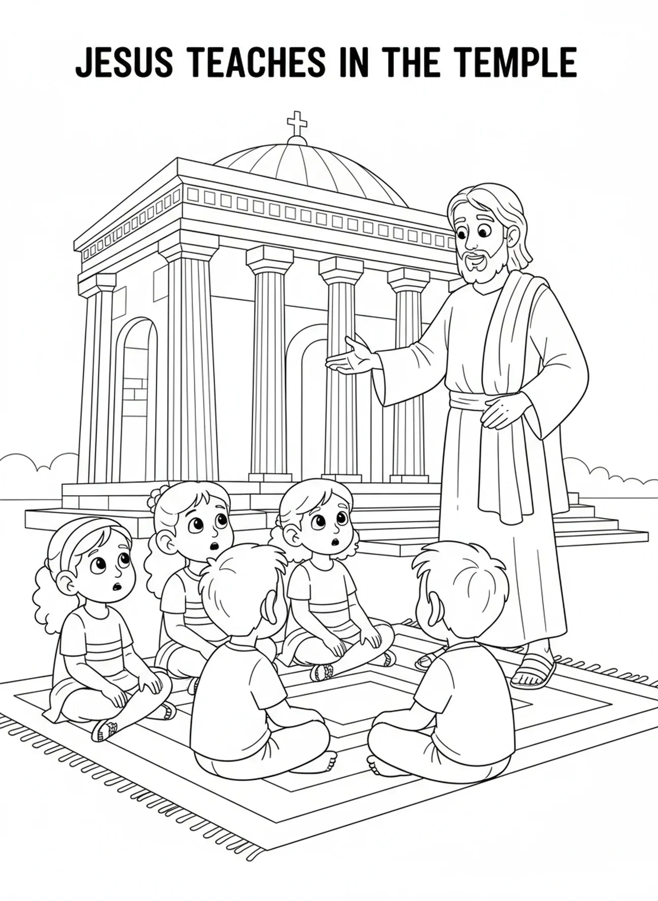 Kinder hören Jesus zu, Ausmalbild zum Tempelreinigung für Kinder im Alter von 5-10 Jahren.