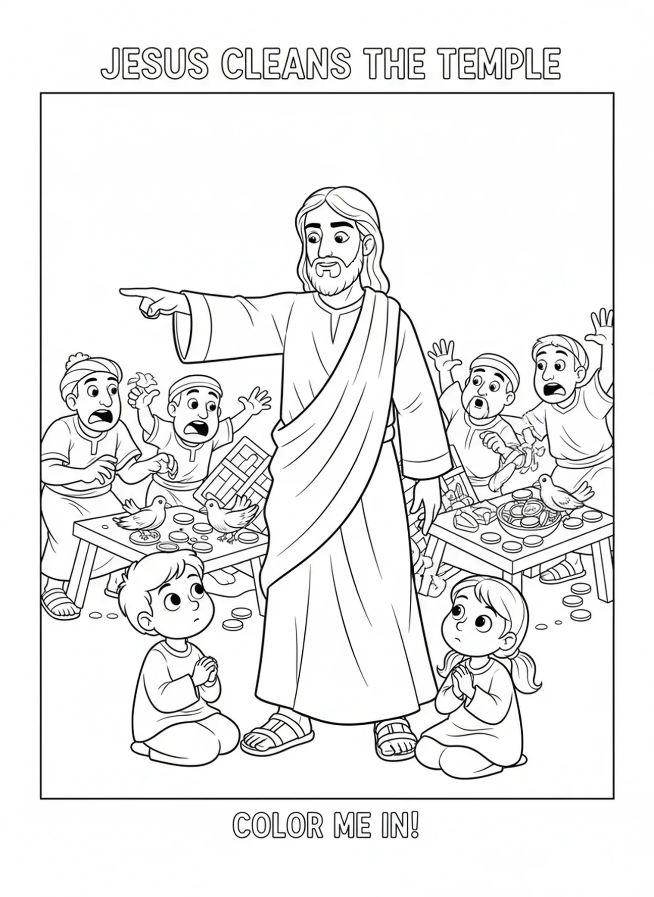 Jesus tadelt die Händler, Ausmalbild für den Tempelreinigung für Kinder im Alter von 5-10 Jahren.