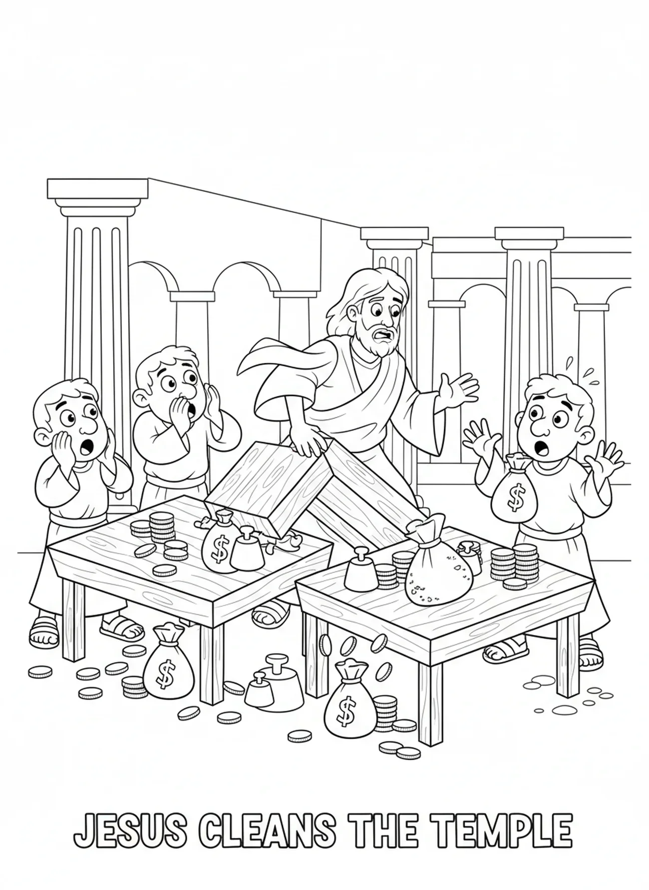 Jesus, der die Tische umwirft, Ausmalbild für den Tempelreinigung für Kinder im Alter von 5-10 Jahren.