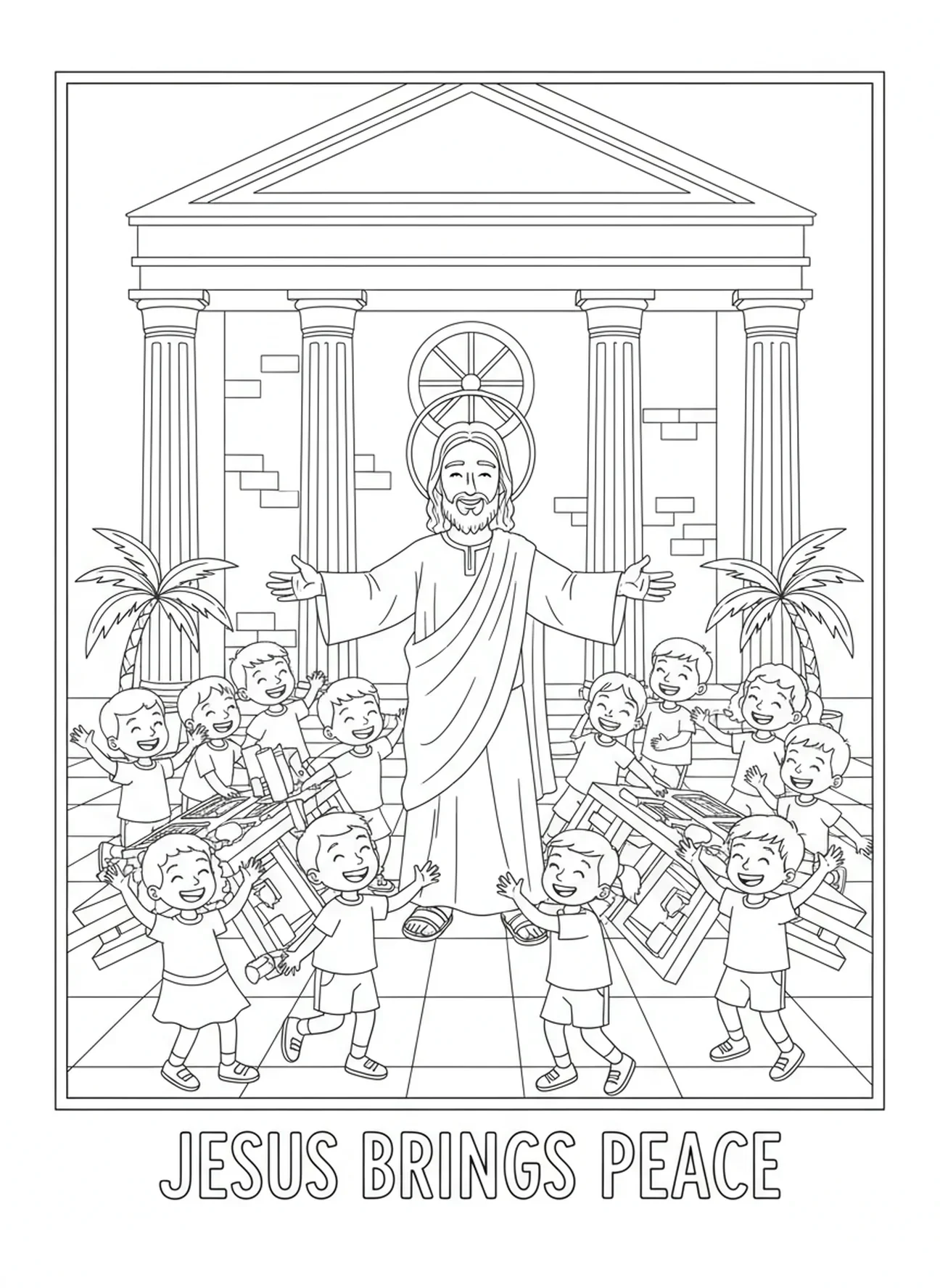 Tempel gereinigt, Ausmalbild Tempelreinigung für Kinder im Alter von 5-10 Jahren.