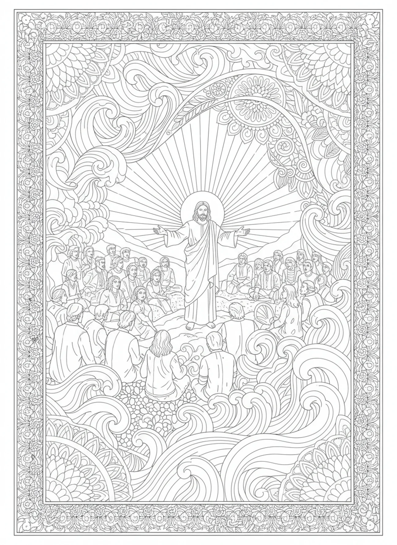 Jésus enseignant la foule, page à colorier d'un homme possédé par un démon dans un style de journal biblique pour adultes.