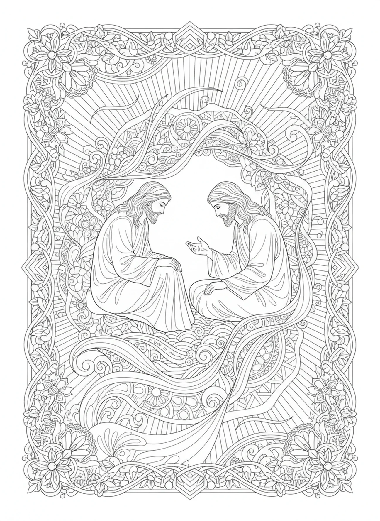 Jésus s'approchant, page à colorier d'un homme possédé par un démon dans un style de journal biblique pour adultes.