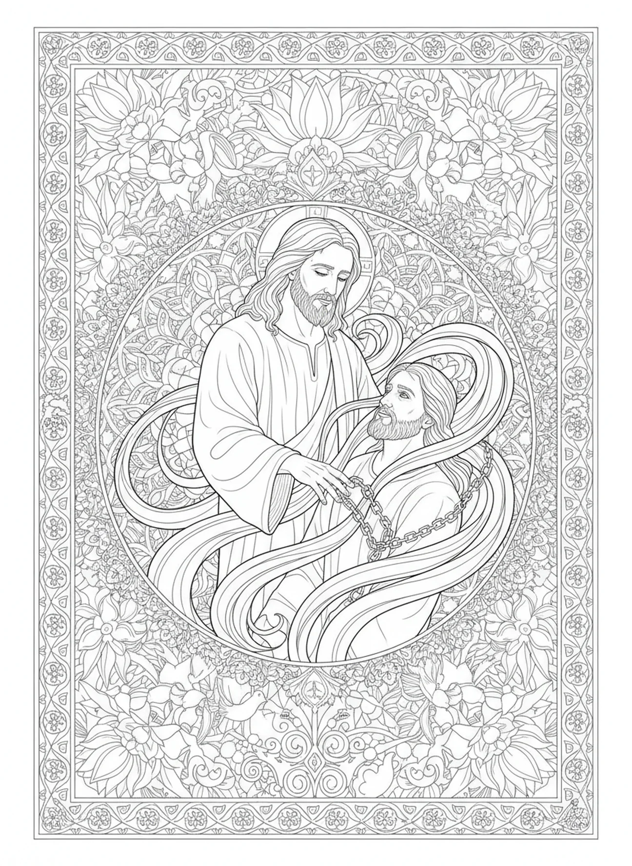 Jésus guérissant un homme, page à colorier d'un homme possédé par un démon dans un style de journal biblique pour adultes.