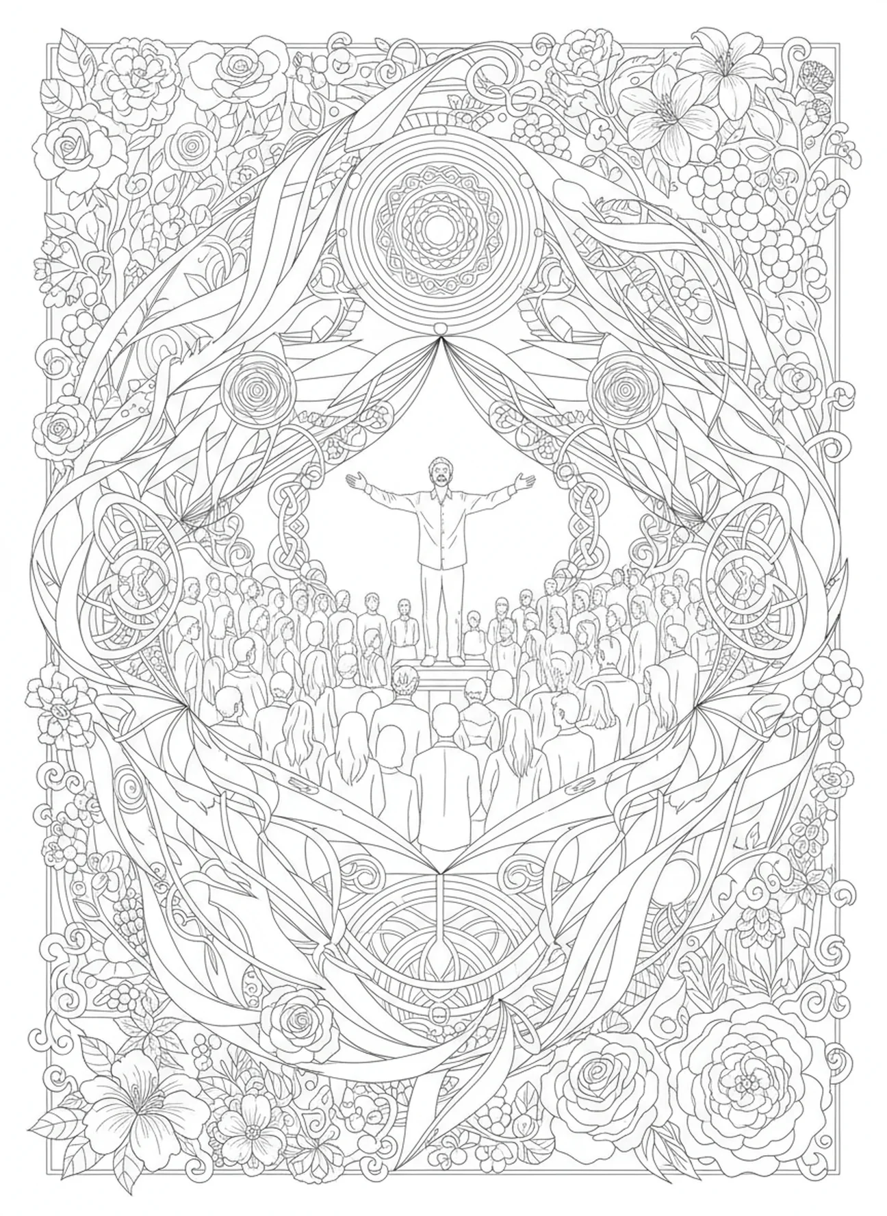 Homme partageant son témoignage, page à colorier d'un homme possédé par un démon dans un style de journal biblique pour adultes.