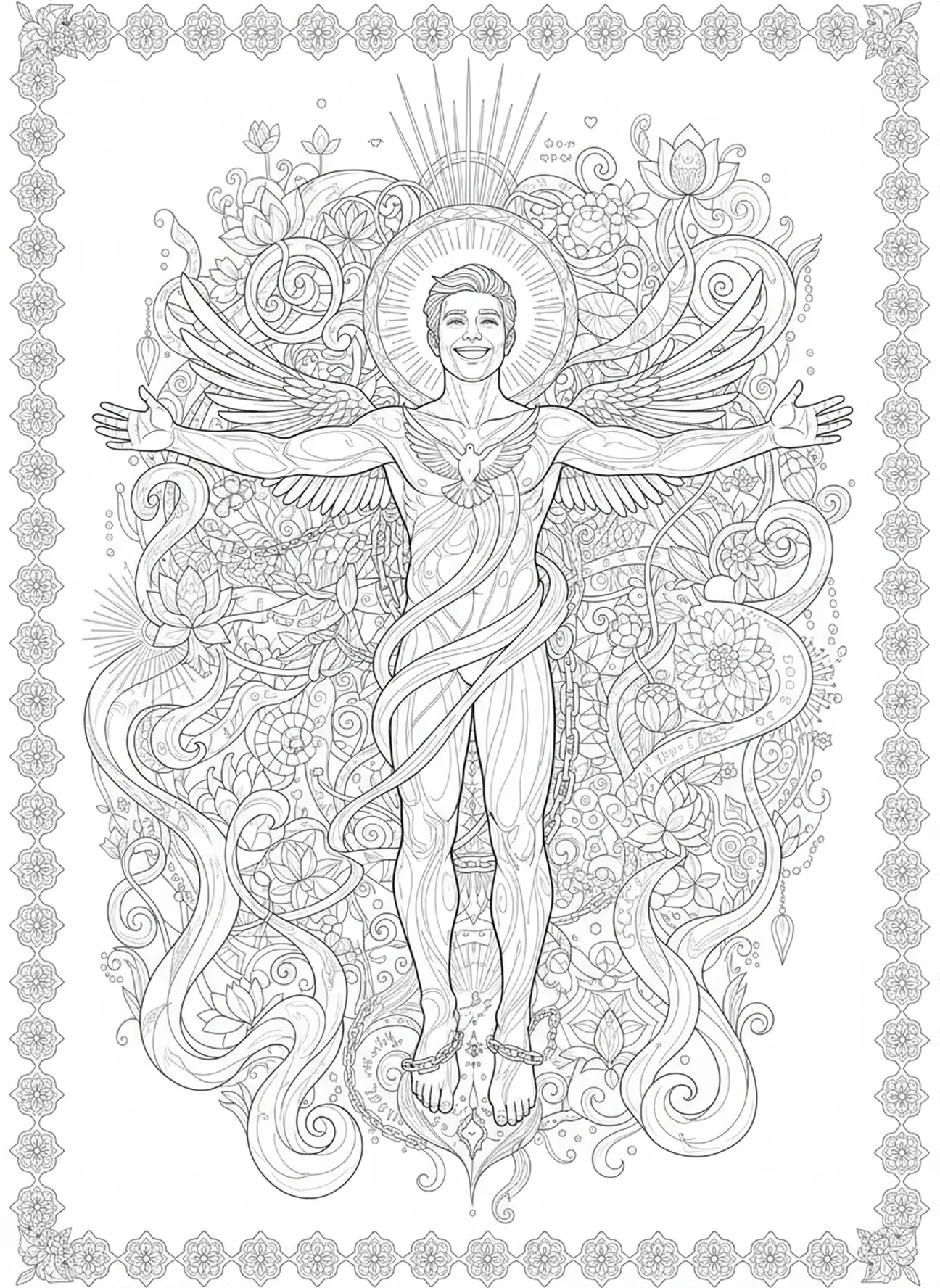Homme transformé, page à colorier d'un homme possédé par un démon dans un style de journal biblique pour adultes.