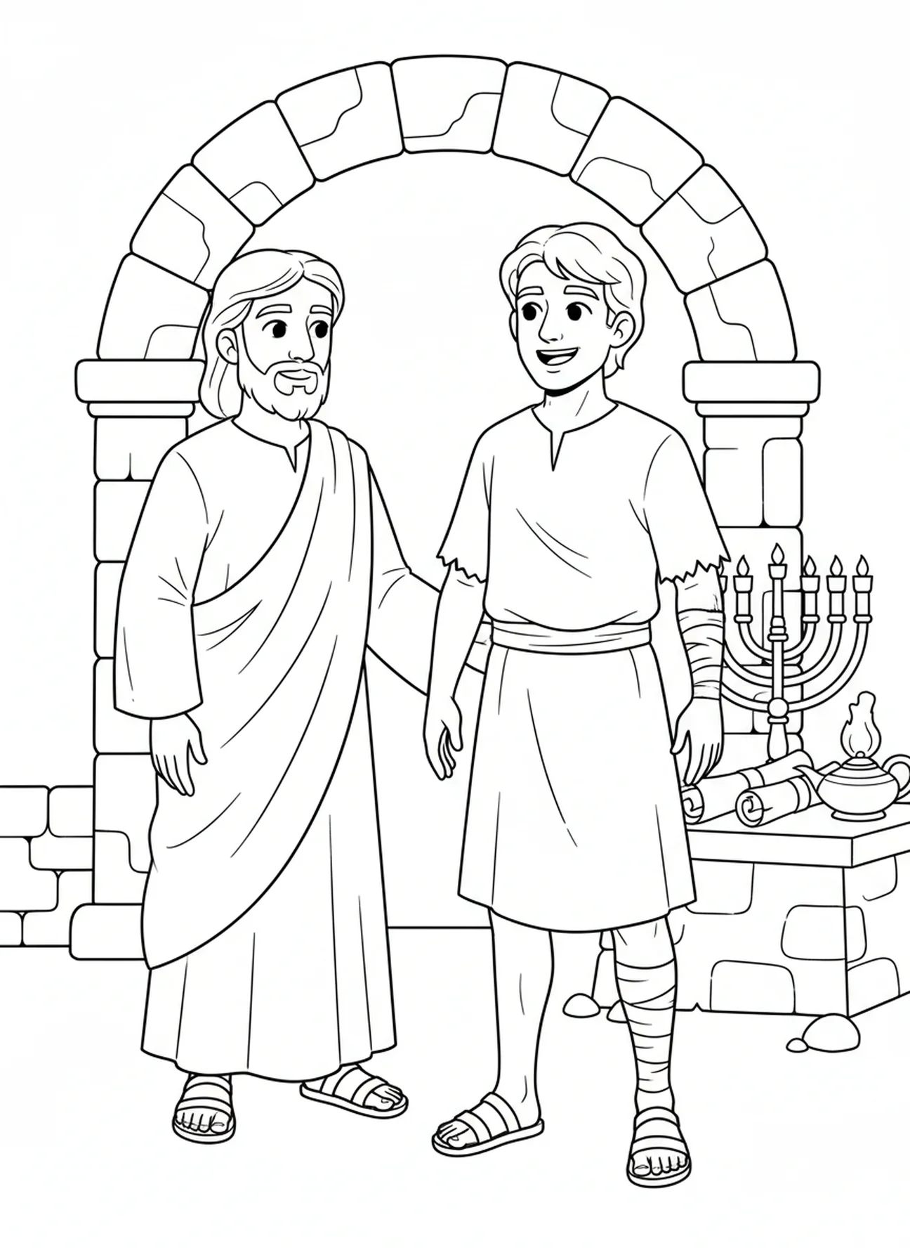 Uzdrowiony mężczyzna uśmiechający się, kolorowanka z demonem opętanym dla dzieci w katechezie w wieku 5-12 lat.