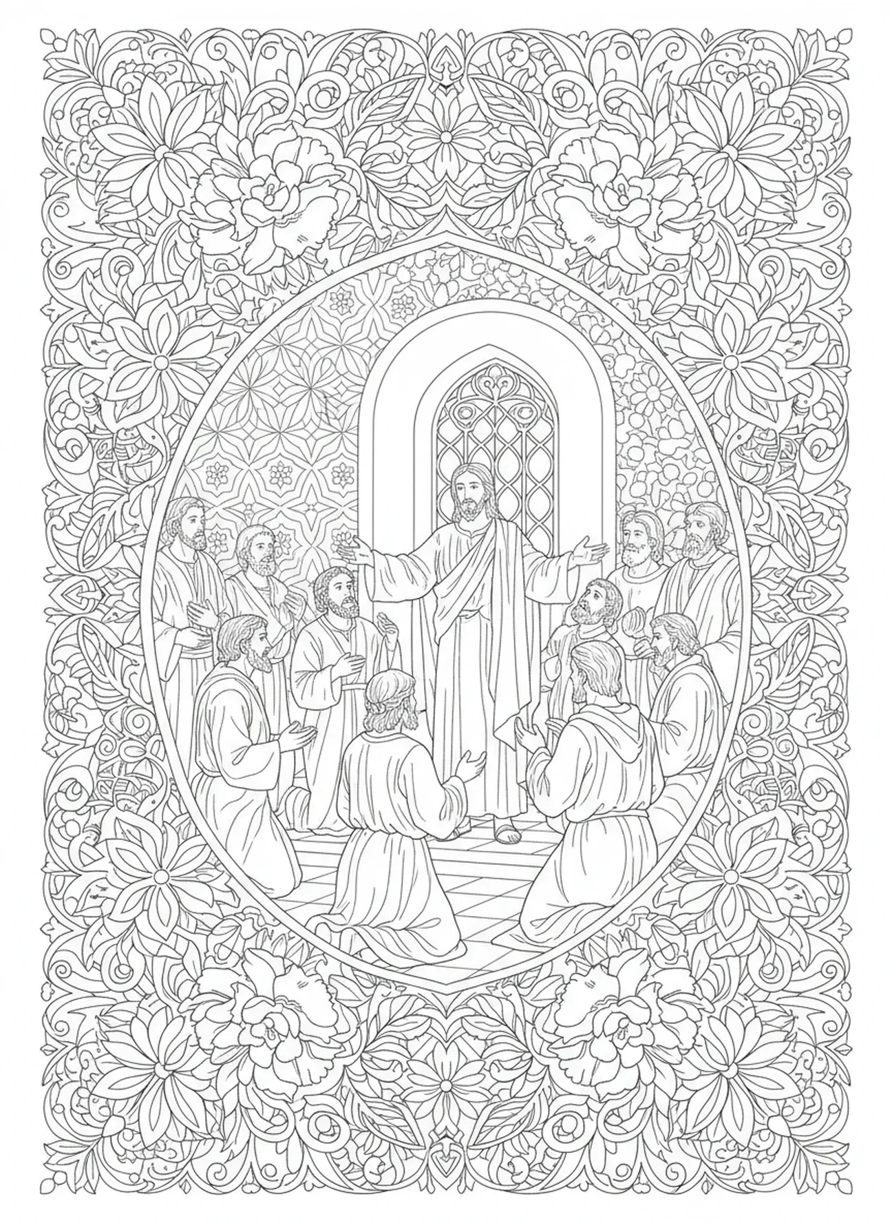 Jesus mit seinen Jüngern, Szene mit dem zweifelnden Thomas, Ausmalbild für Erwachsene im Stil des Bibel-Journalings.