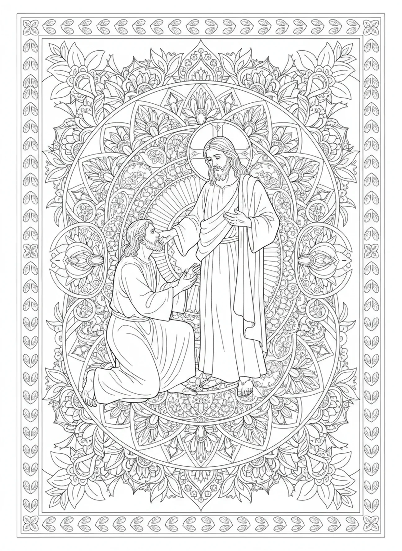 Jesus bietet Beweise, Szene des zweifelnden Thomas Ausmalbild für Erwachsene im Stil des Bibeljournalings.