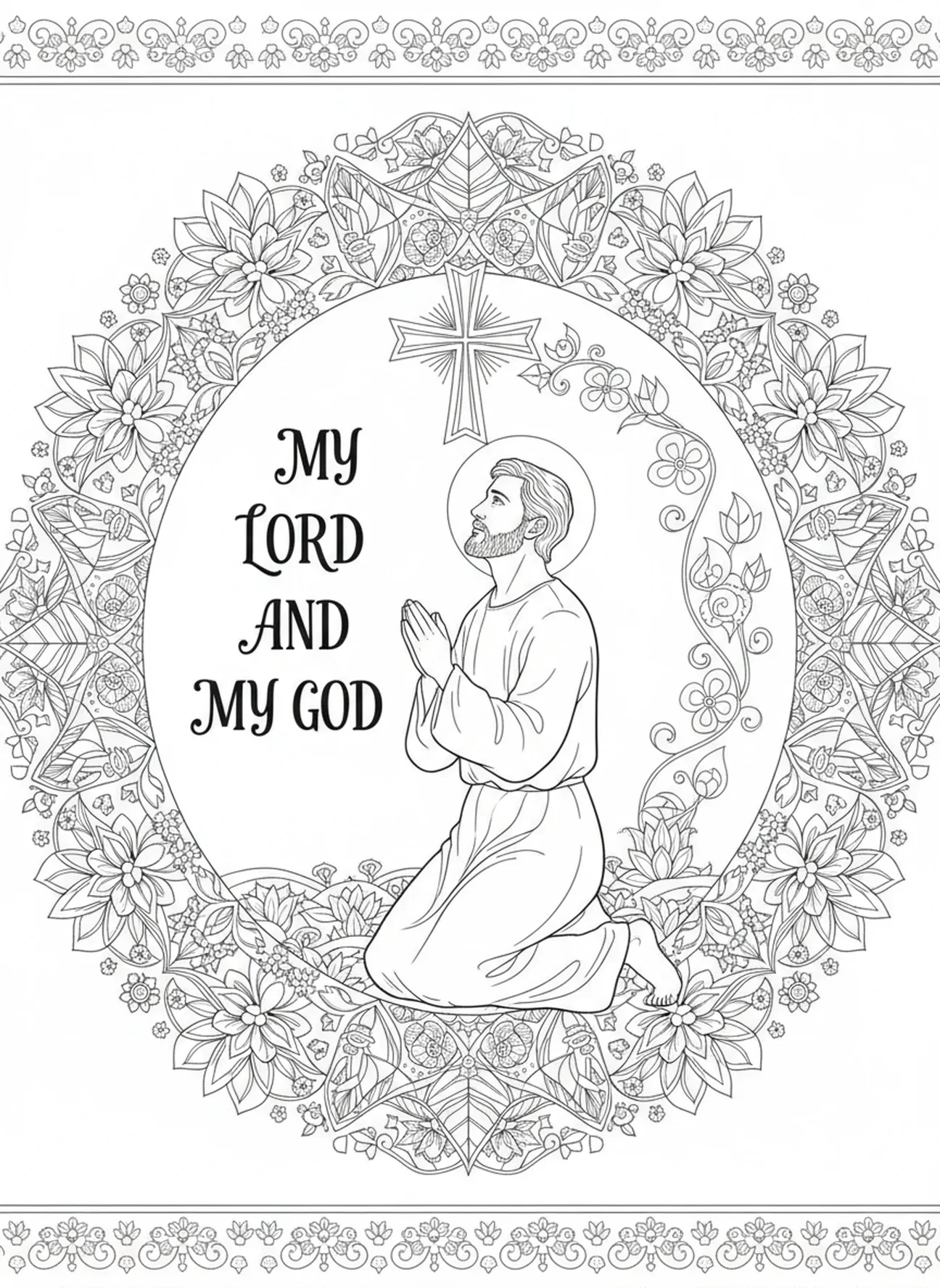 Thomas kniet im Glauben, Szene des zweifelnden Thomas, Ausmalbild für Erwachsene im Stil des Bibel-Journalings.