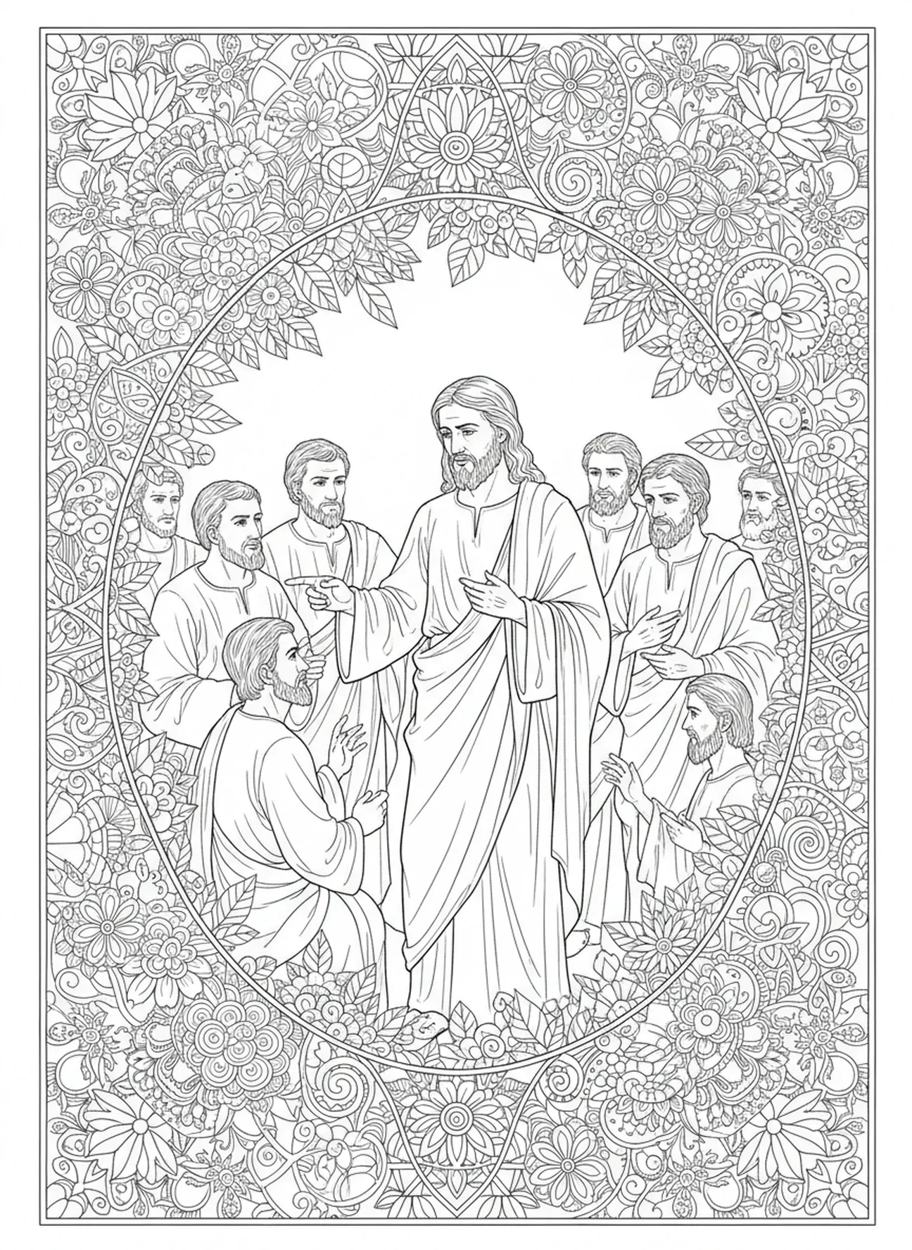 Thomas, der Zweifel hat, Ausmalbild von Thomas dem Zweifler für Erwachsene im Bibel-Journaling-Stil.