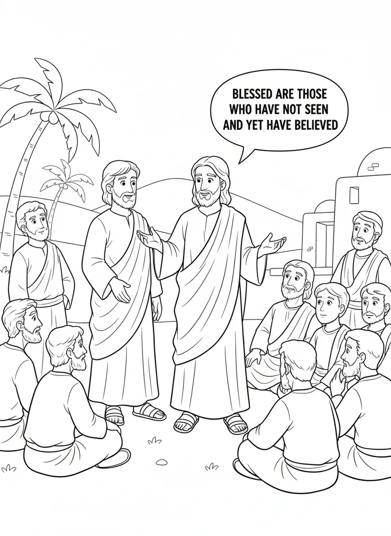Jezus onderwijst de discipelen over geloof, kleurplaat van de twijfelende Thomas voor kinderen van 5-10 jaar.