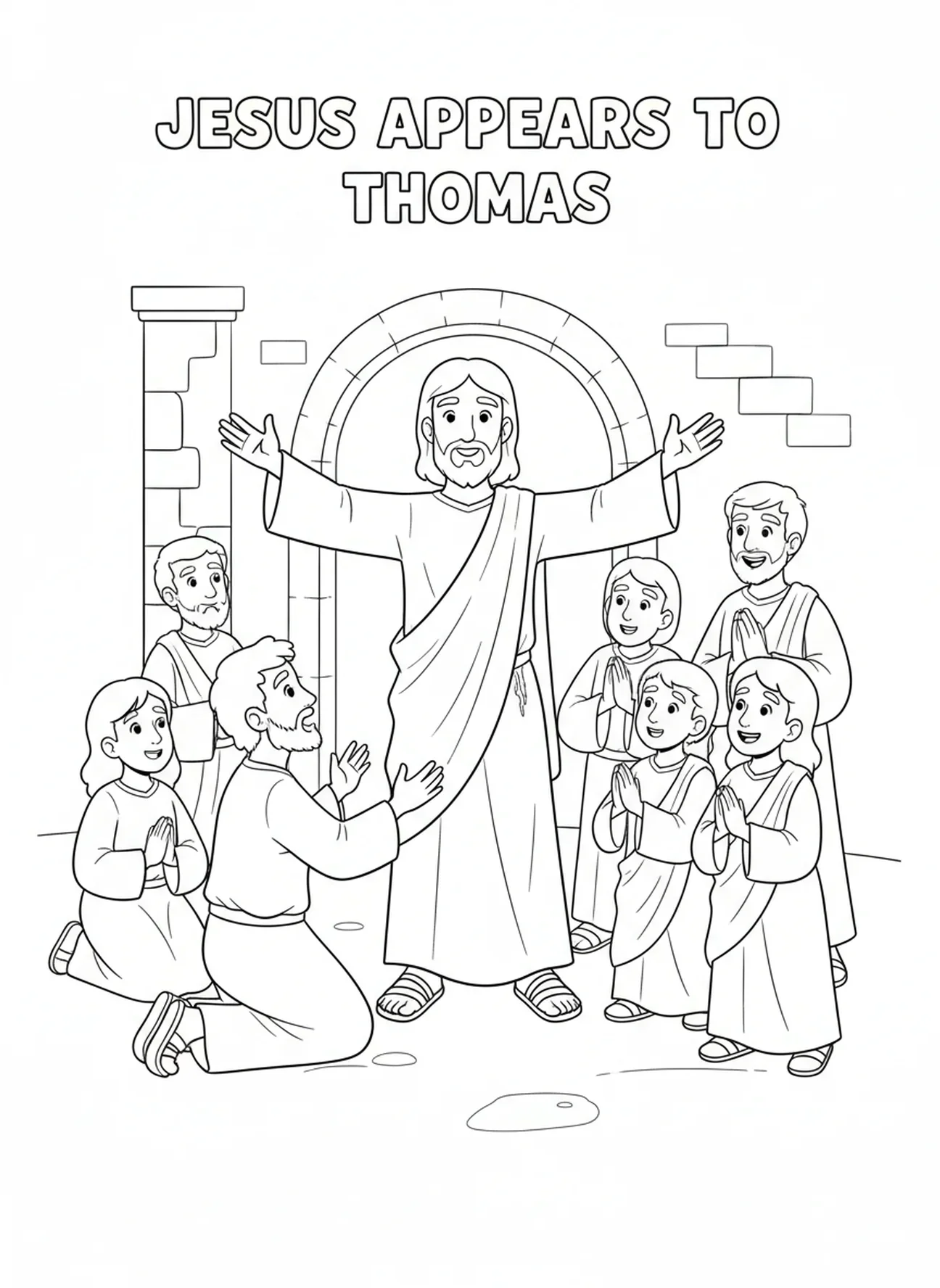 Jezus toont zijn wonden aan Thomas, kleurplaat van de Twijfelende Thomas scène voor kinderen van 5-10 jaar.