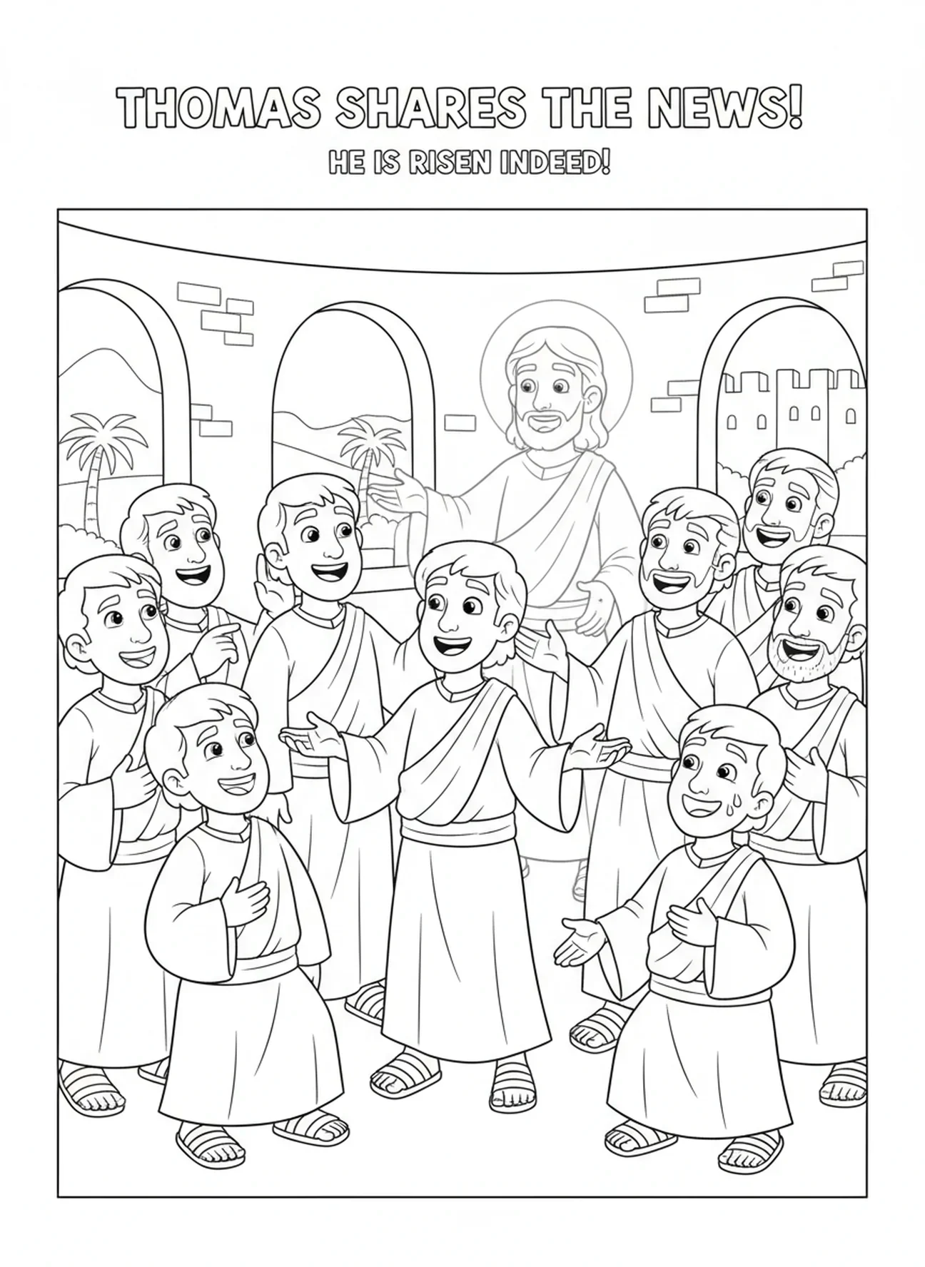 Thomas deelt zijn ervaring met de discipelen, kleurplaat van de Twijfelende Thomas scène voor kinderen van 5-10 jaar.