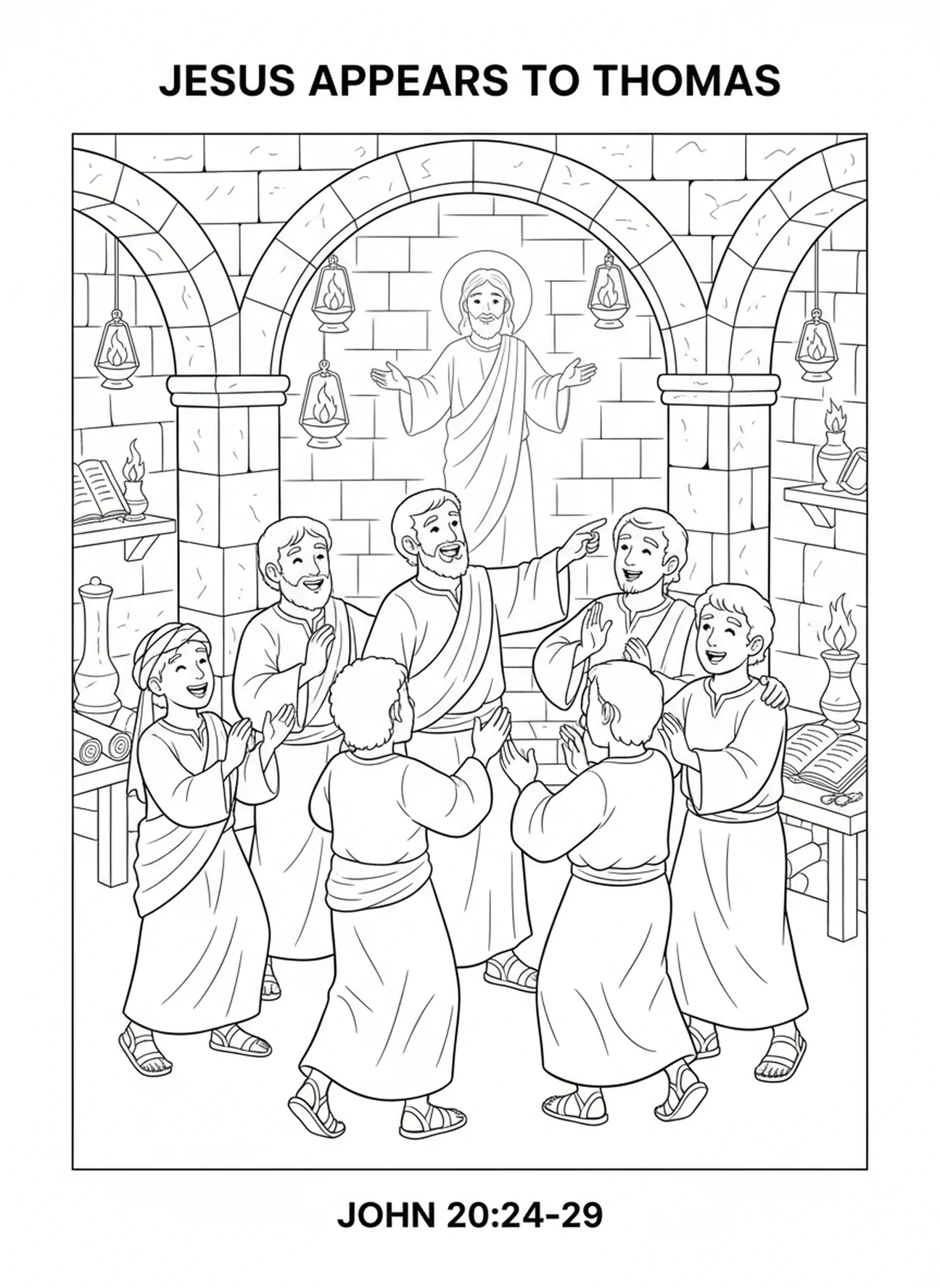 Disciples célébrant la joie, page à colorier de la scène de Thomas le douteux pour les enfants de l'École du dimanche âgés de 5 à 12 ans