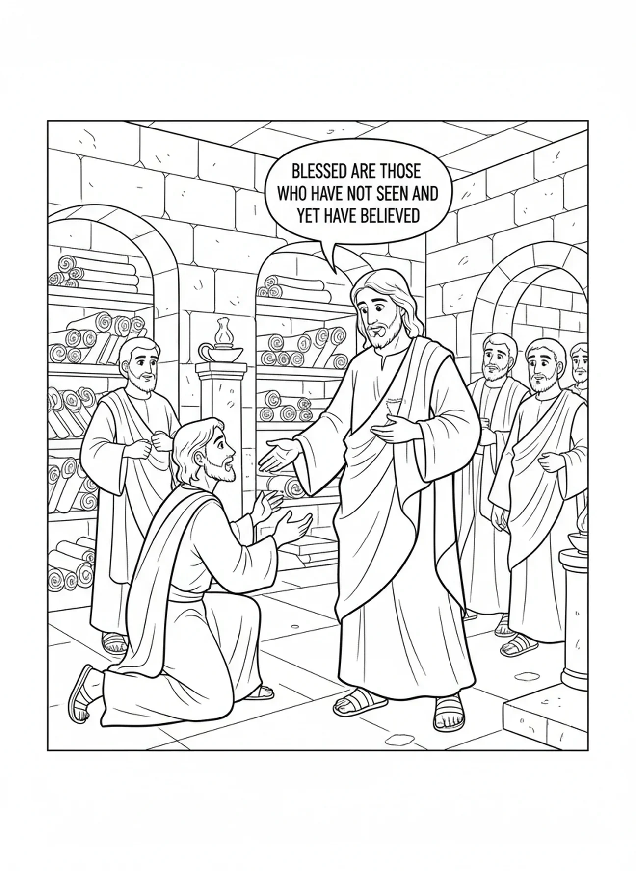 Jésus bénissant Thomas, page à colorier de la scène de Thomas le Douteux pour les enfants de l'École du dimanche âgés de 5 à 12 ans