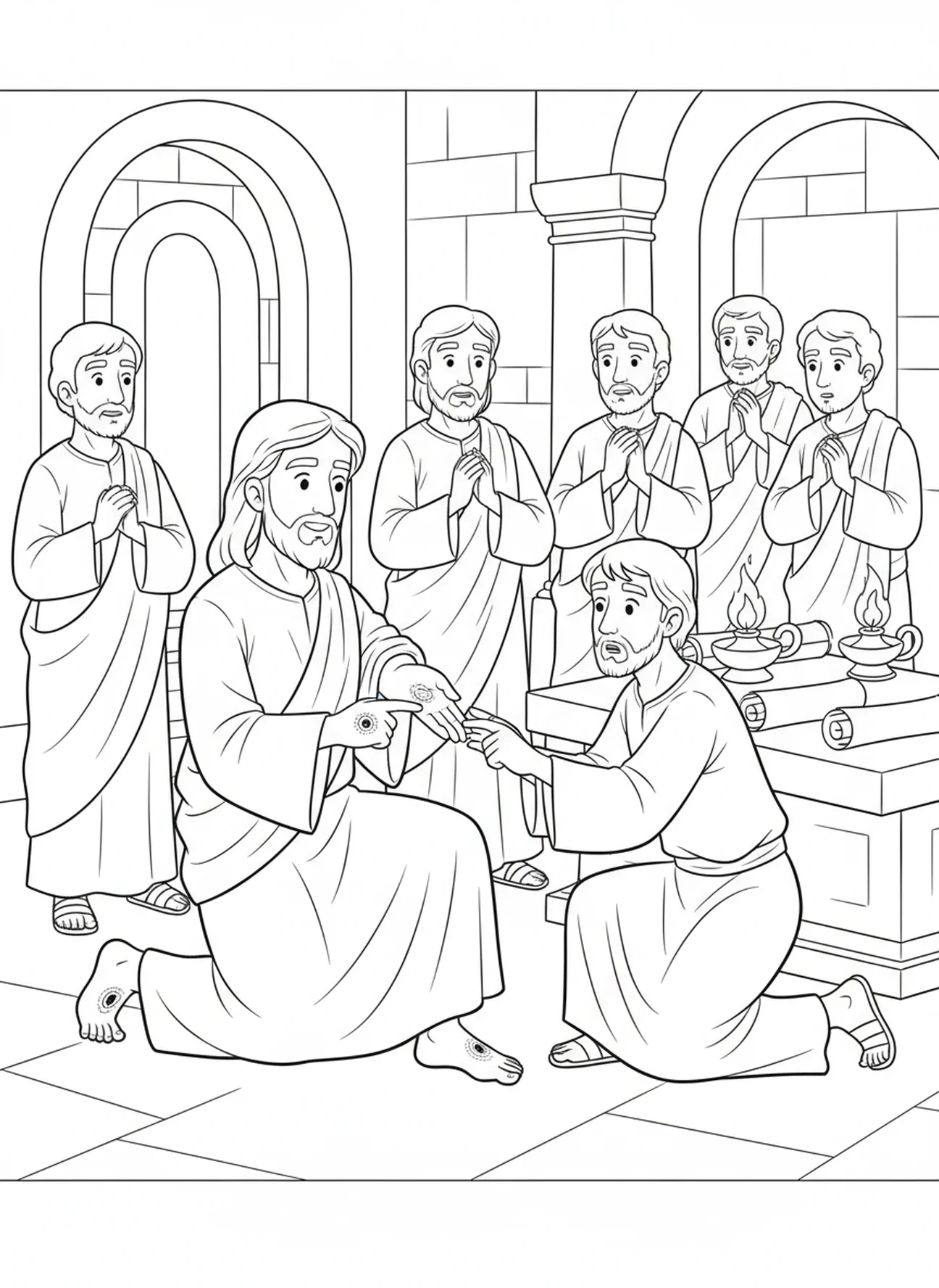 Jésus révélant Ses blessures, page à colorier de la scène de Thomas le douteux pour les enfants de l'École du dimanche âgés de 5 à 12 ans