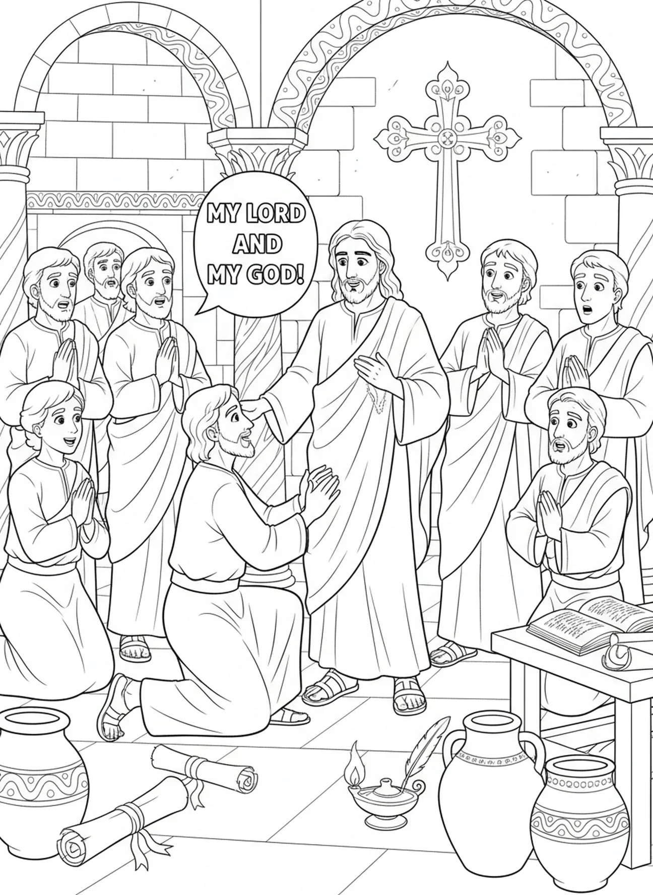 Thomas déclarant sa foi, page à colorier de Thomas le Douteux pour les enfants de l'École du dimanche âgés de 5 à 12 ans