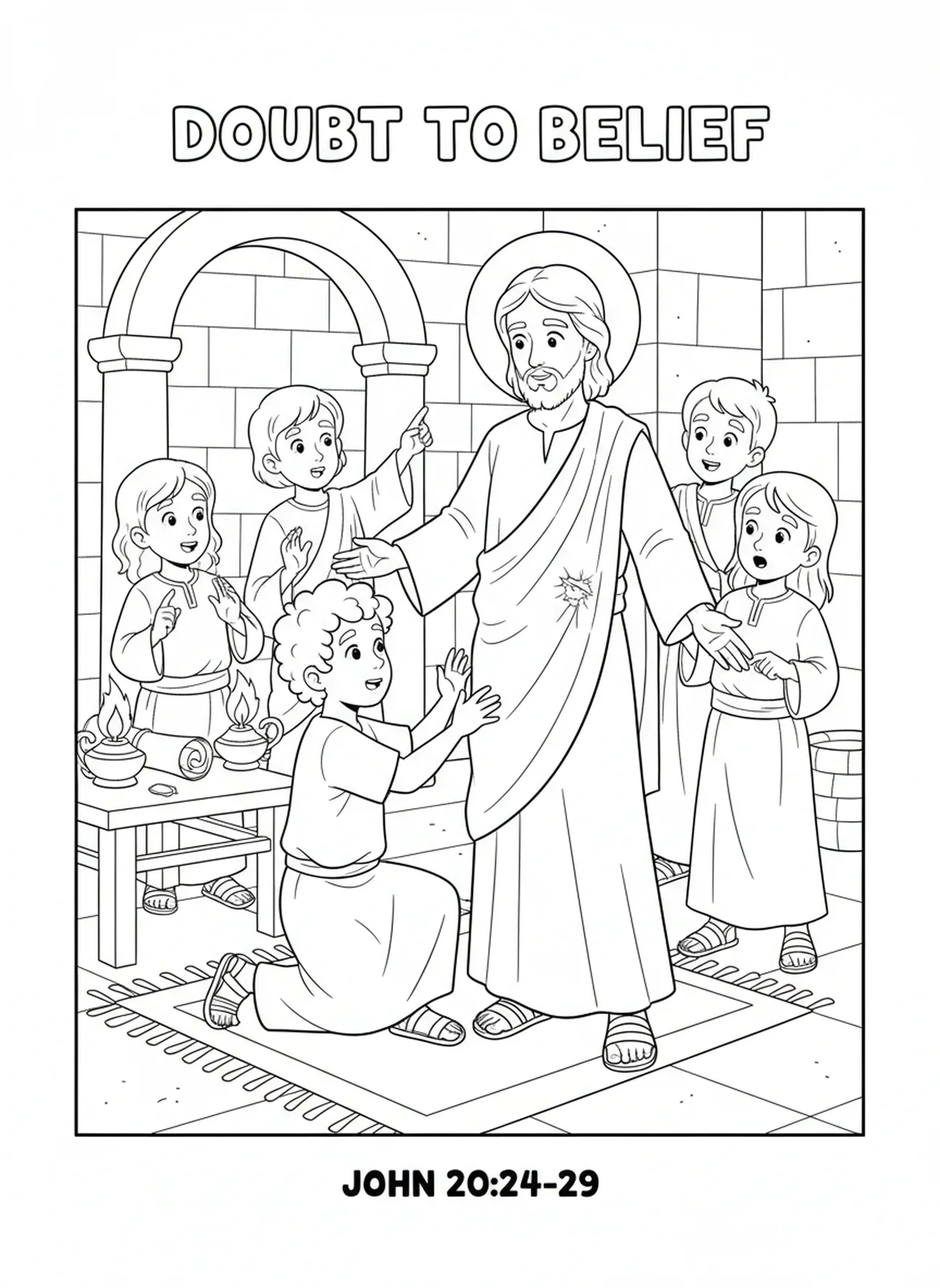Thomas touchant les blessures de Jésus, page à colorier de la scène de Thomas le douteux pour les enfants de l'École du dimanche âgés de 5 à 12 ans