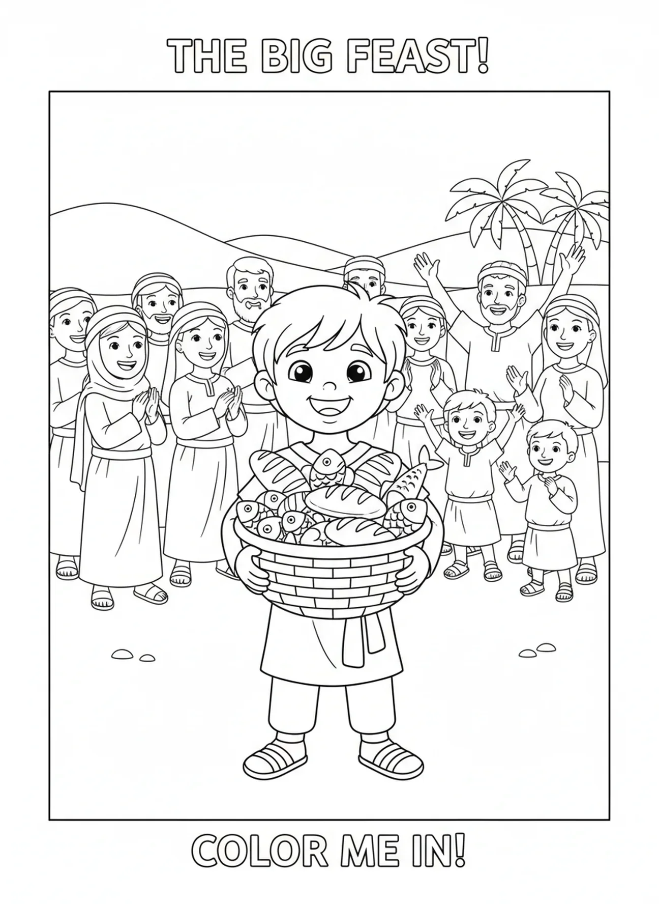 Garçon avec un panier de restes, page à colorier Nourrir les 5000 Garçon avec pains et poissons pour enfants de 5 à 10 ans.