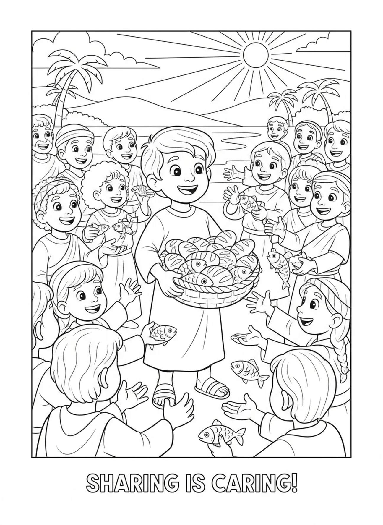 Foule diversifiée recevant de la nourriture, page à colorier Nourrir 5000 Garçon avec des Pains et des Poissons pour les enfants de 5 à 10 ans.